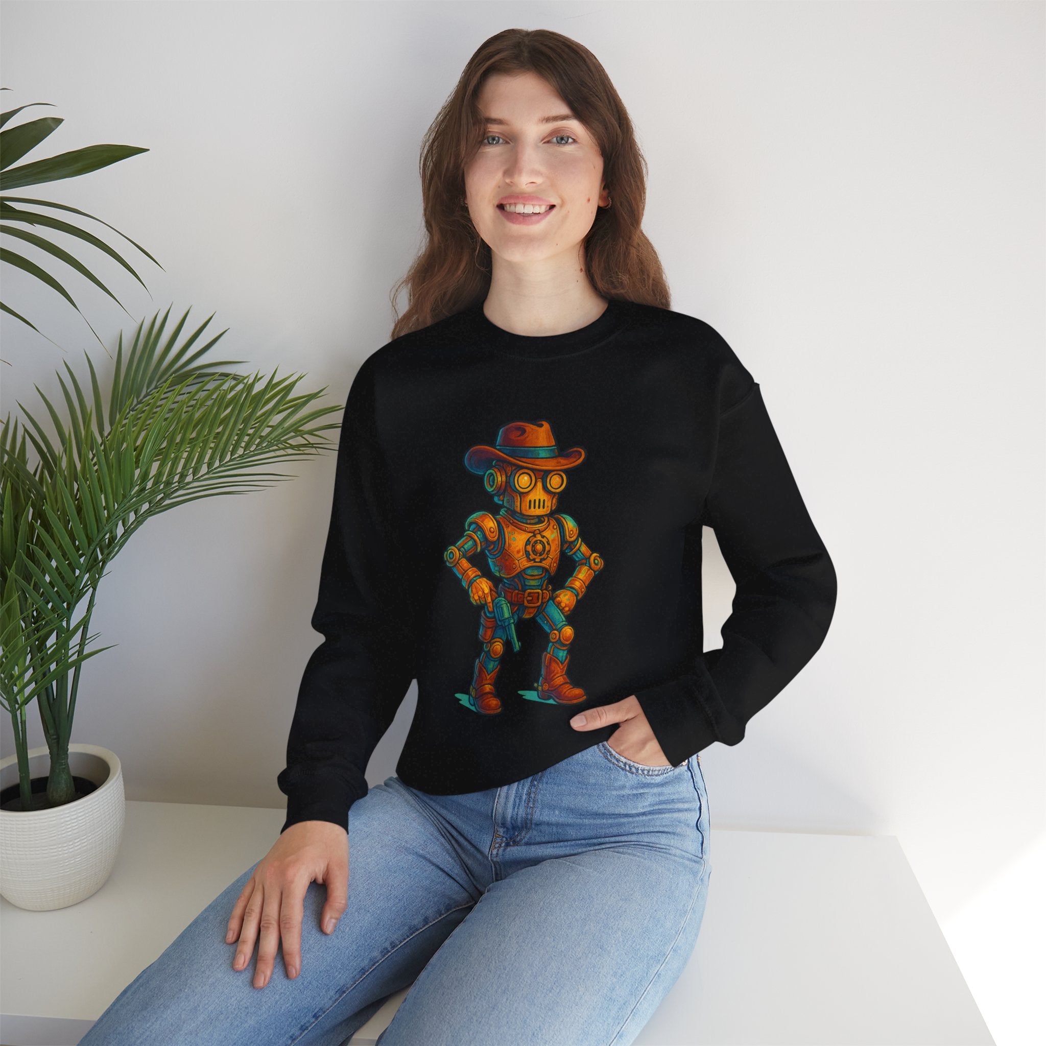 Steampunk Cowboy Robot Crewneck Sweatshirt | Retro Western Robot Artwork