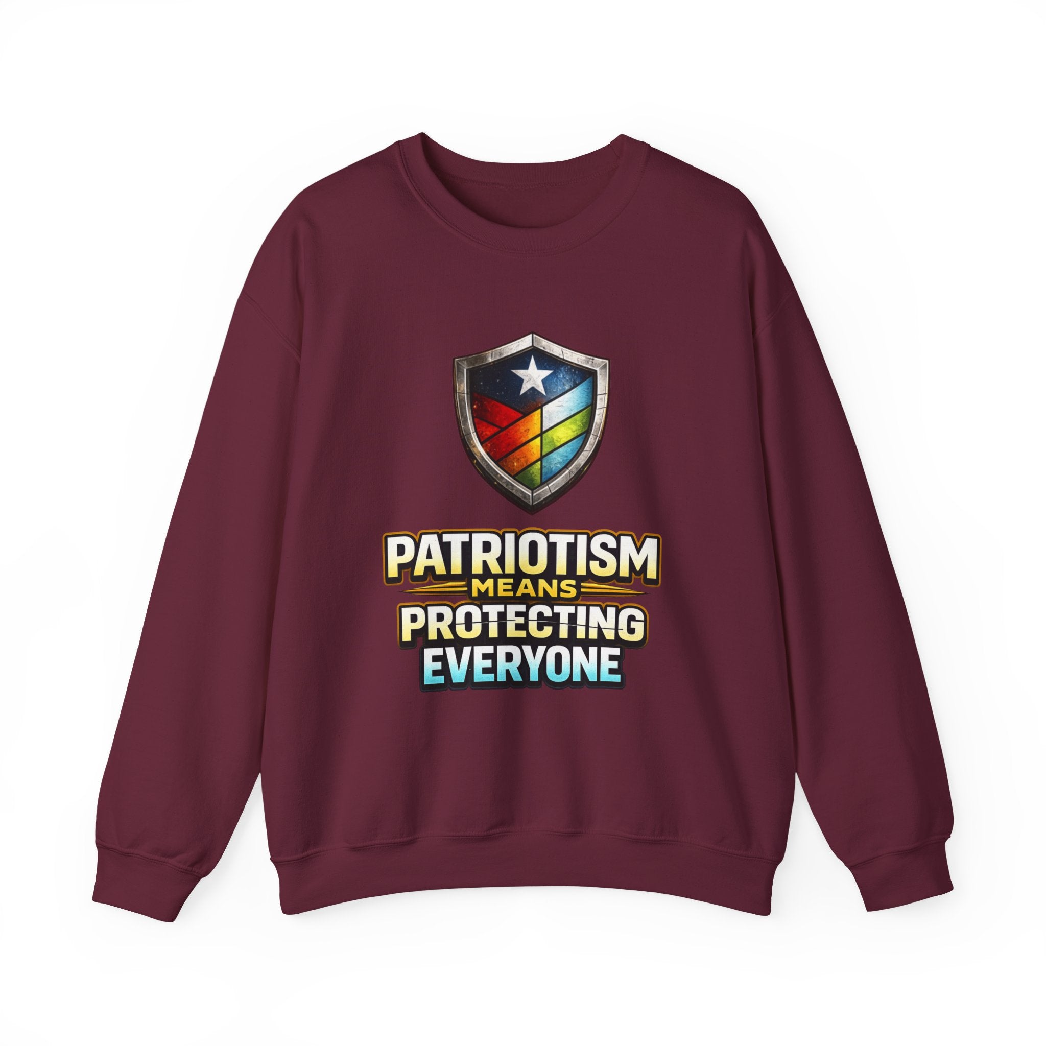 Patriotism Means Protecting Everyone Sweatshirt | Rainbow Shield Flag Design