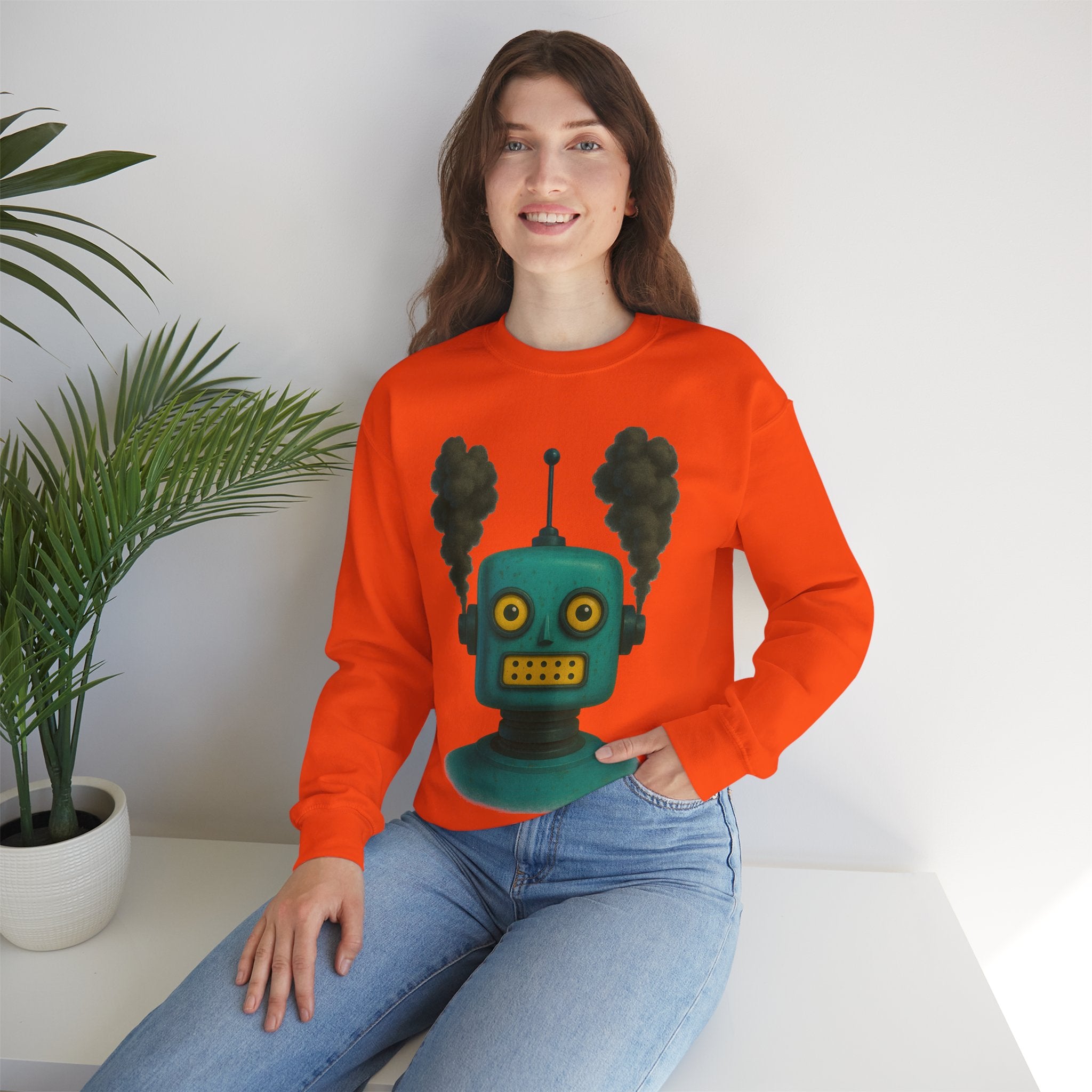 Smoking Robot Graphic Unisex Sweatshirt, Cozy Crewneck Top