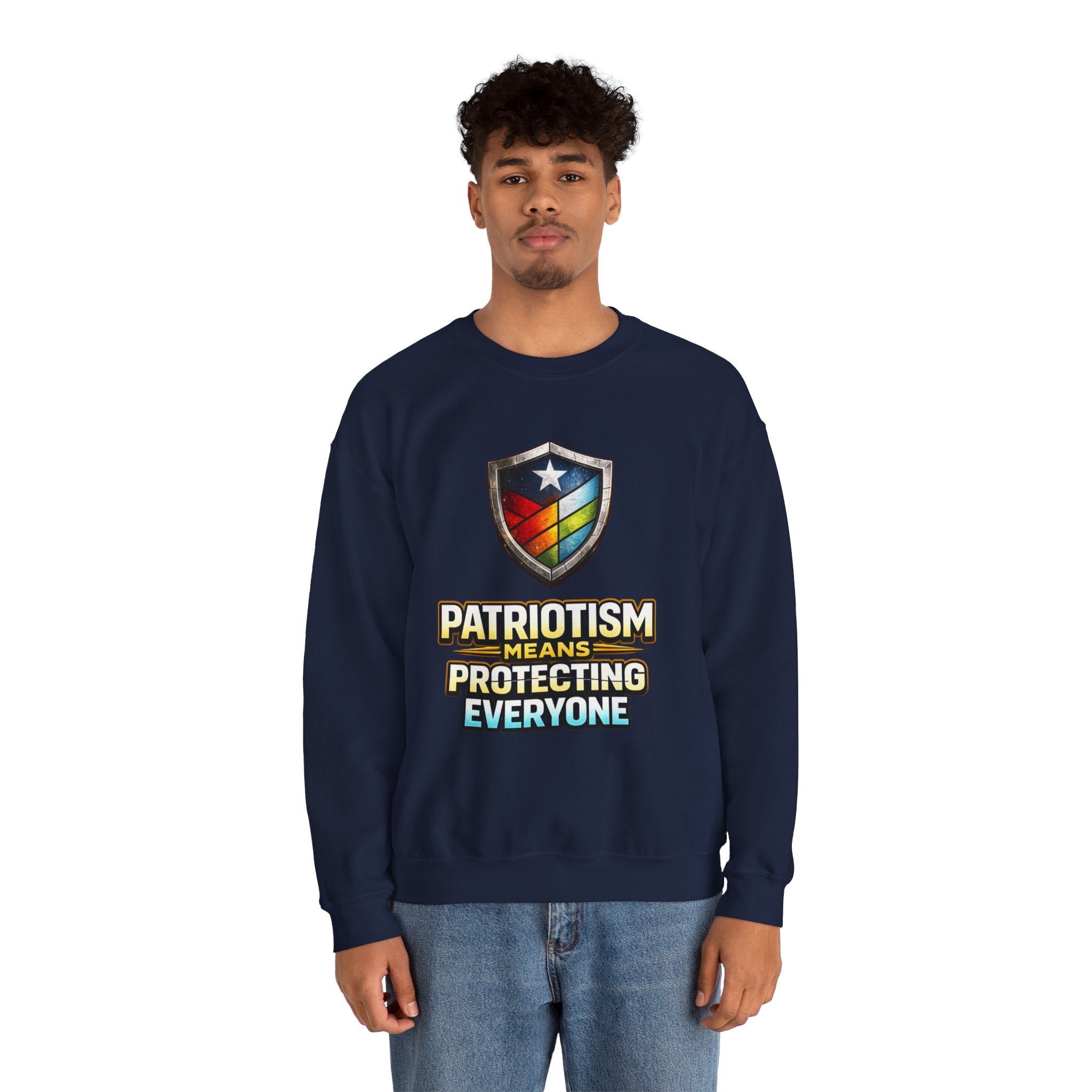 Patriotism Means Protecting Everyone Sweatshirt | Rainbow Shield Flag Design