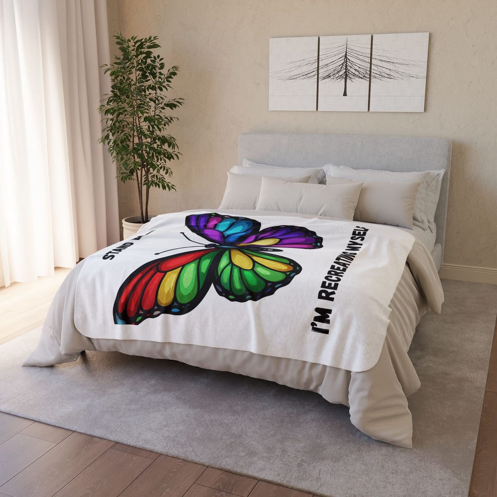 Rainbow Butterfly Stand By I'm Recreating Myself Fleece Sherpa Blanket