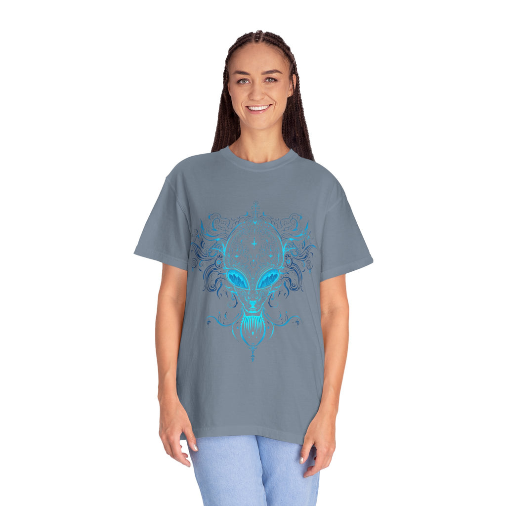 Alien Mask Ornate chinoiserie Blue T-Shirt | Mystical Alien Face Tee