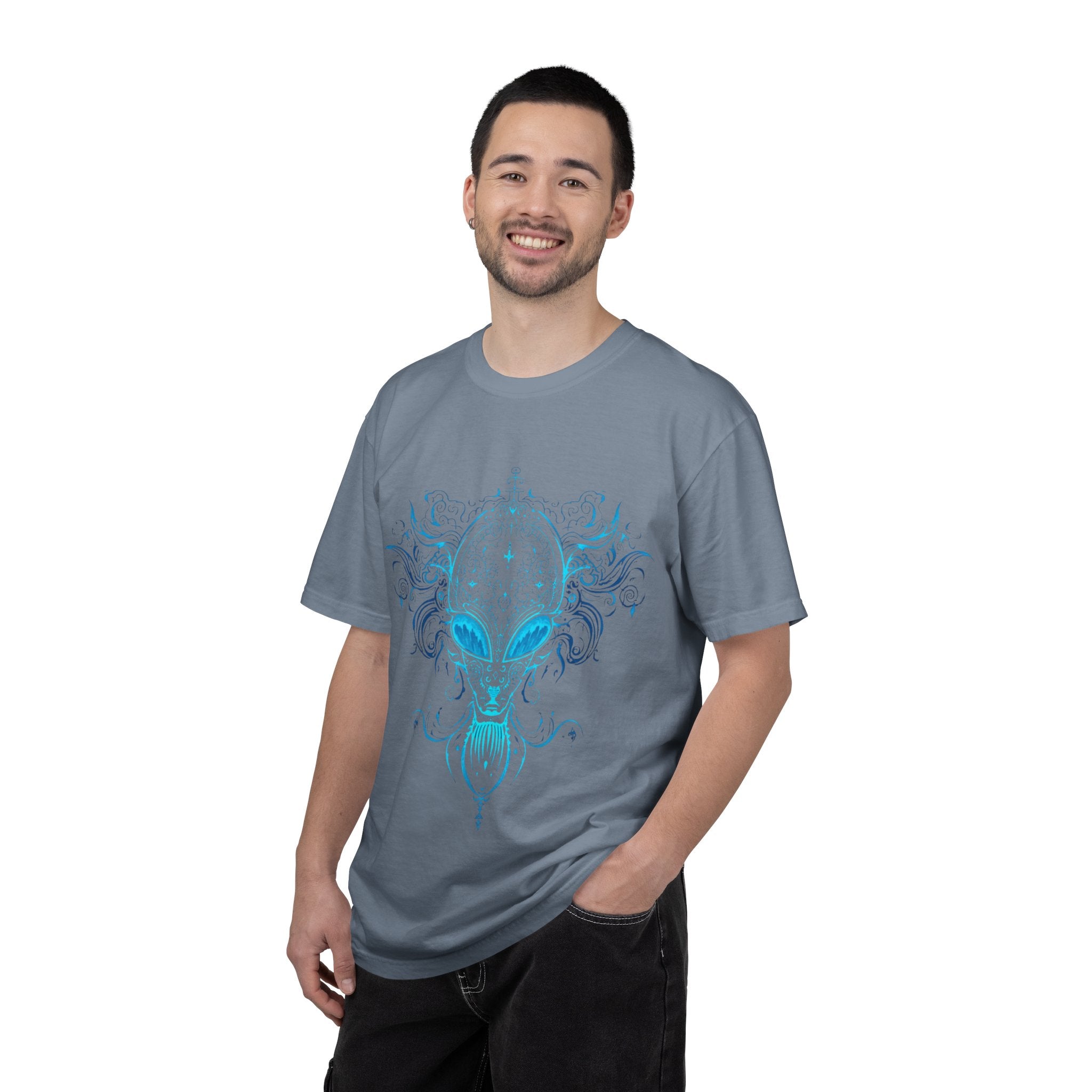 Alien Mask Ornate chinoiserie Blue T-Shirt | Mystical Alien Face Tee