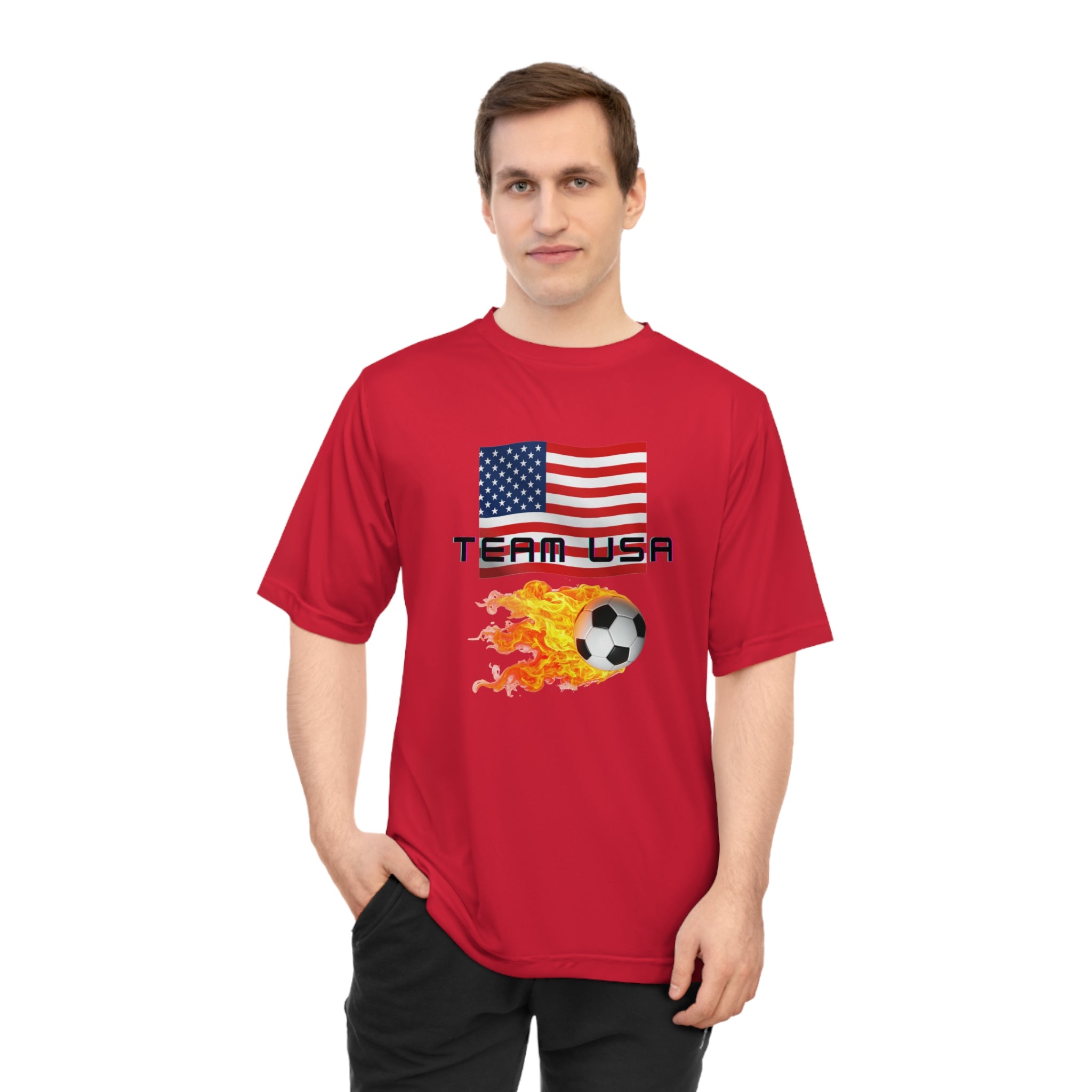 Team USA Flaming Soccer Ball T-Shirt | American Flag Soccer Tee SPF protection
