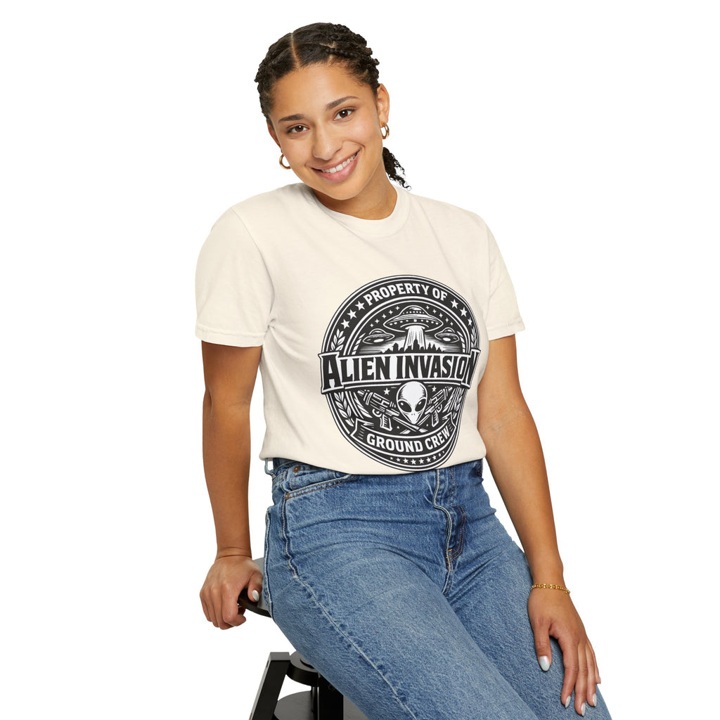 Alien Invasion Ground Crew T-Shirt | UFO Badge Graphic, Comfort Colors tee