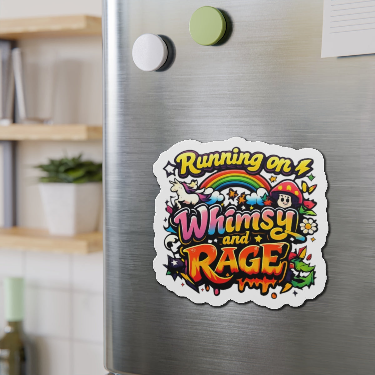 Running on Whimsy and Rage Die-Cut Magnets | Colorful Cartoon Sticker Magnet