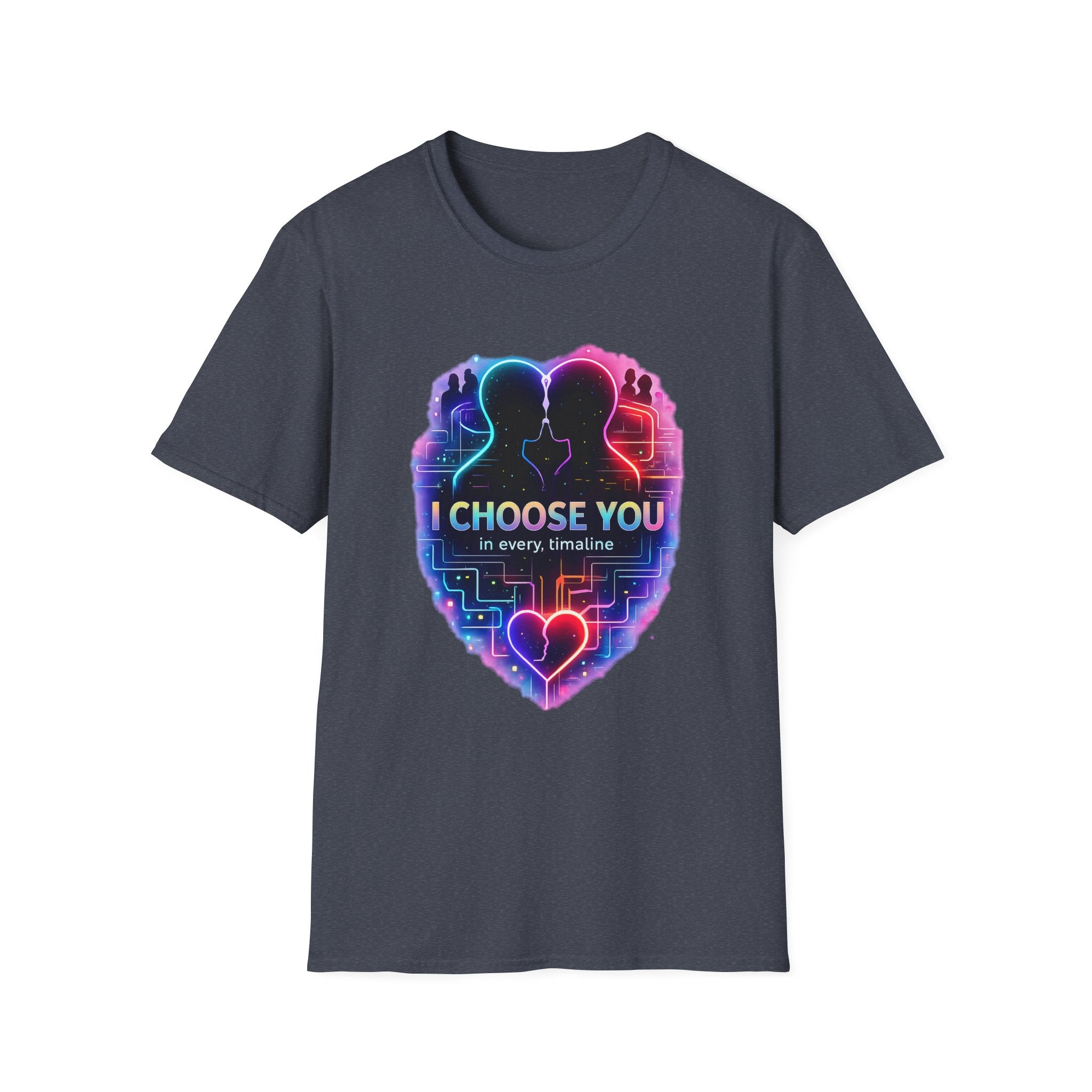 I Choose You  in Every Timeline silhouette heart T-Shirt | Neon LBGTQ couple, love phrase