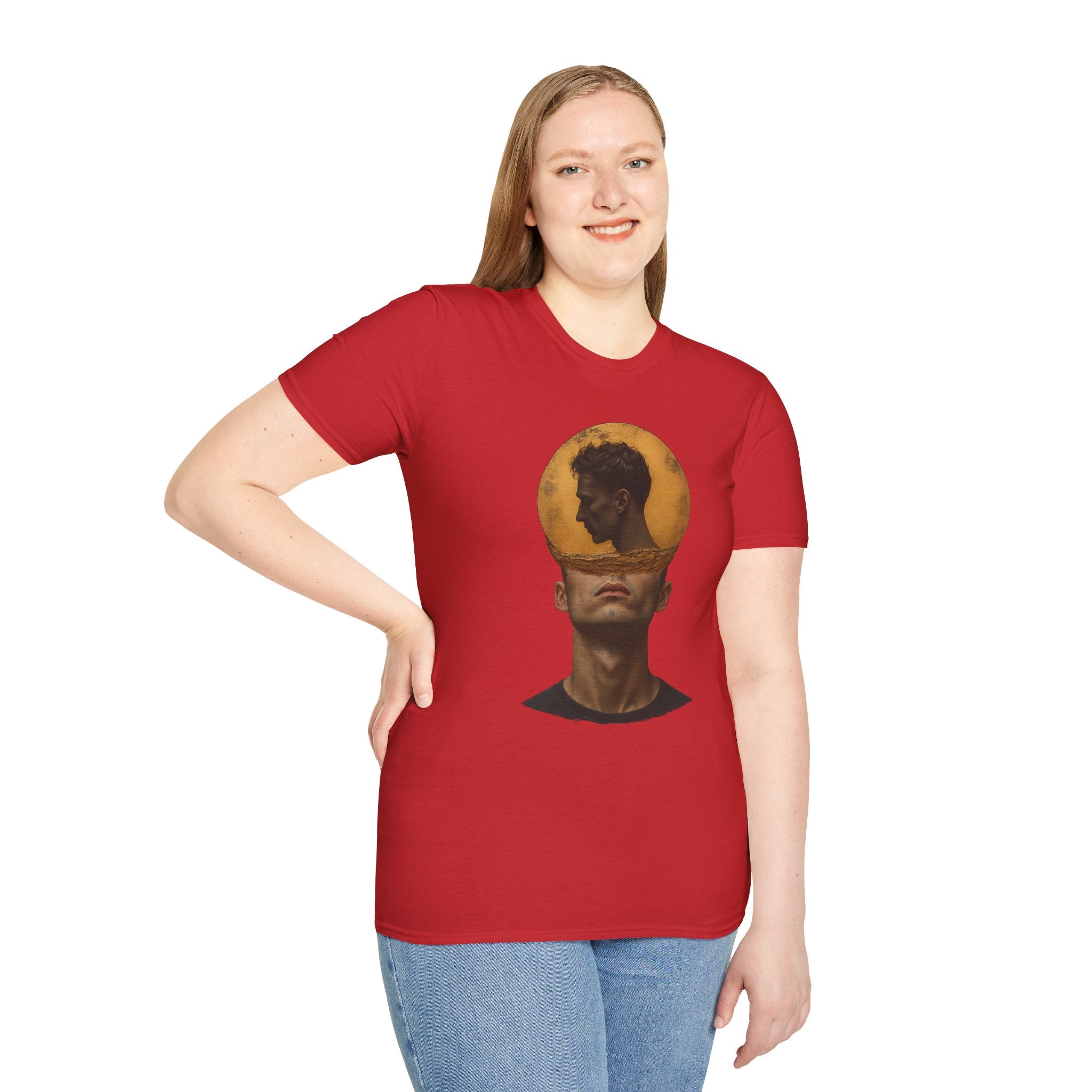 Surreal Double Portrait T-Shirt | Abstract Head Silhouette, Moon Circle