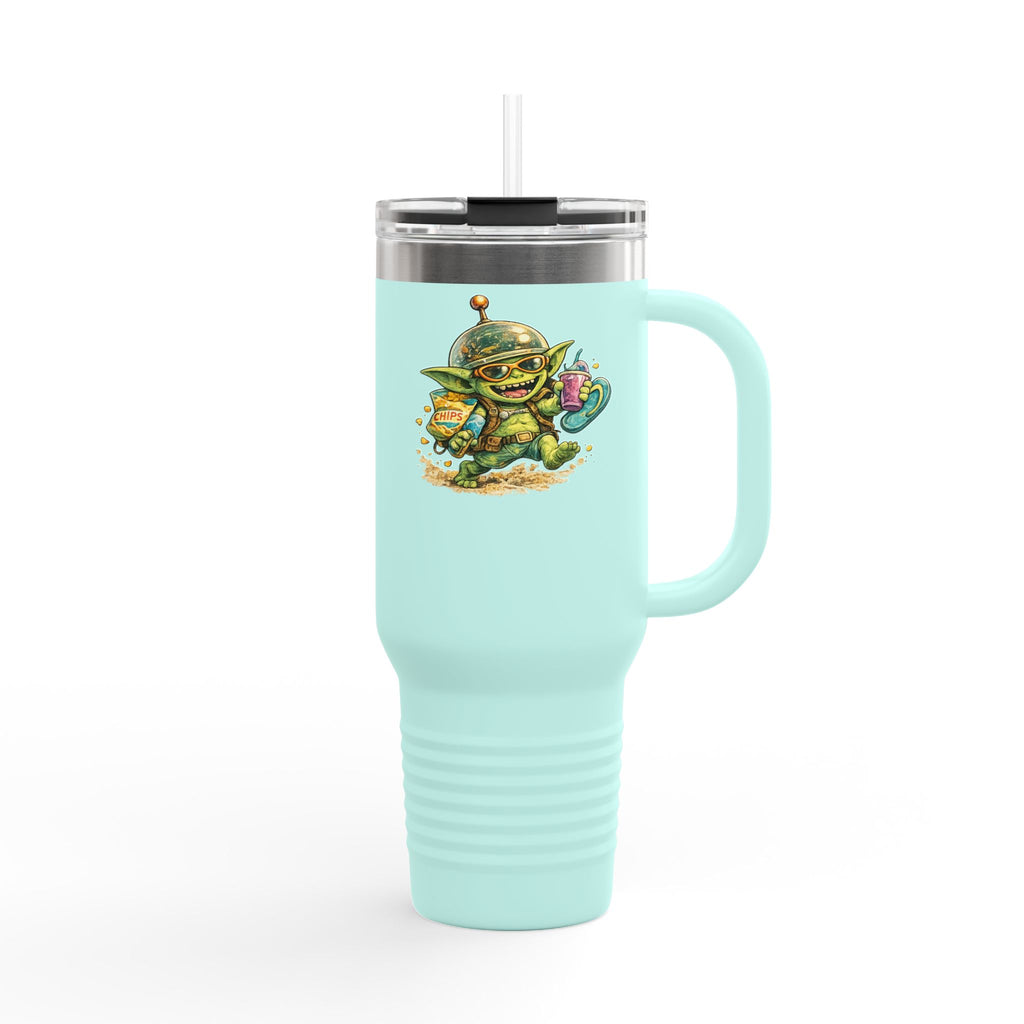 Light blue tumbler with a handle featuring a cartoon character on a white background