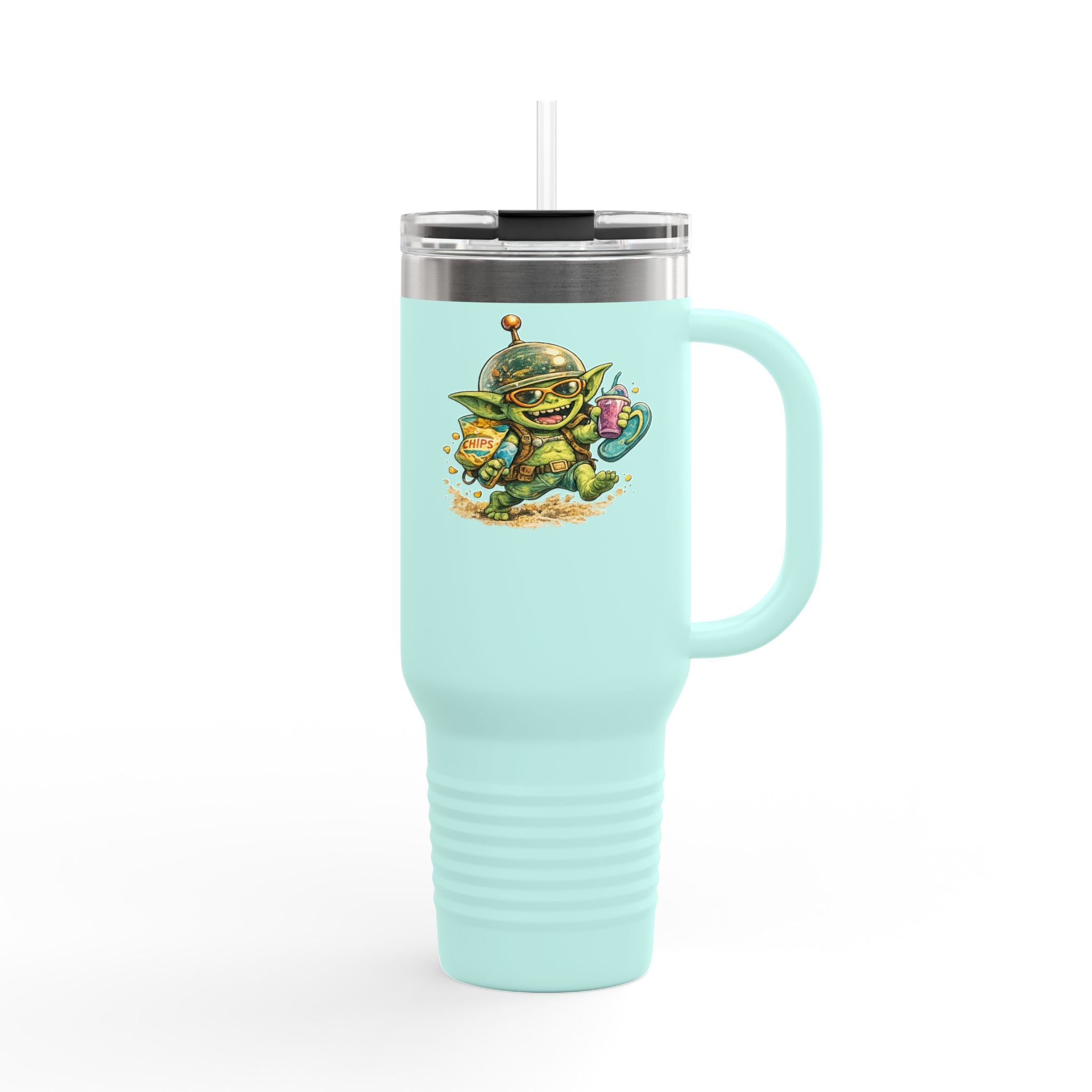 Light blue tumbler with a handle featuring a cartoon character on a white background