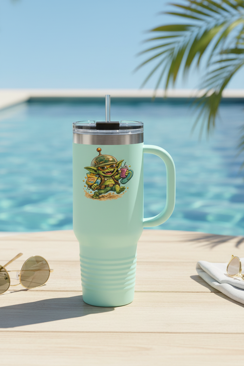 40oz Insulated Travel Mug — Cute Alien Beach Cartoon Tumbler with Handle