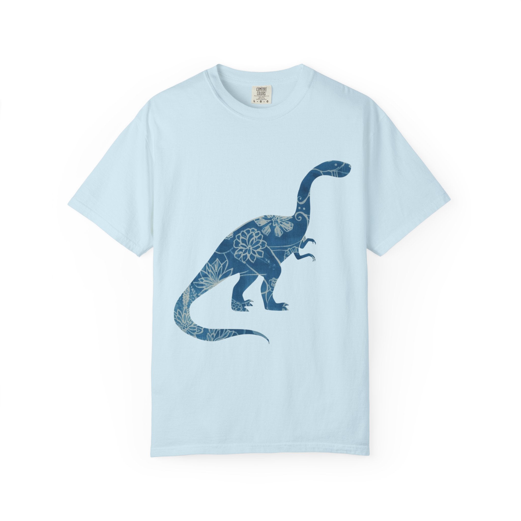 Dinosaur Floral blue chinoiserie Silhouette T-Shirt | Blue Botanical Dino Brontosaurus Tee