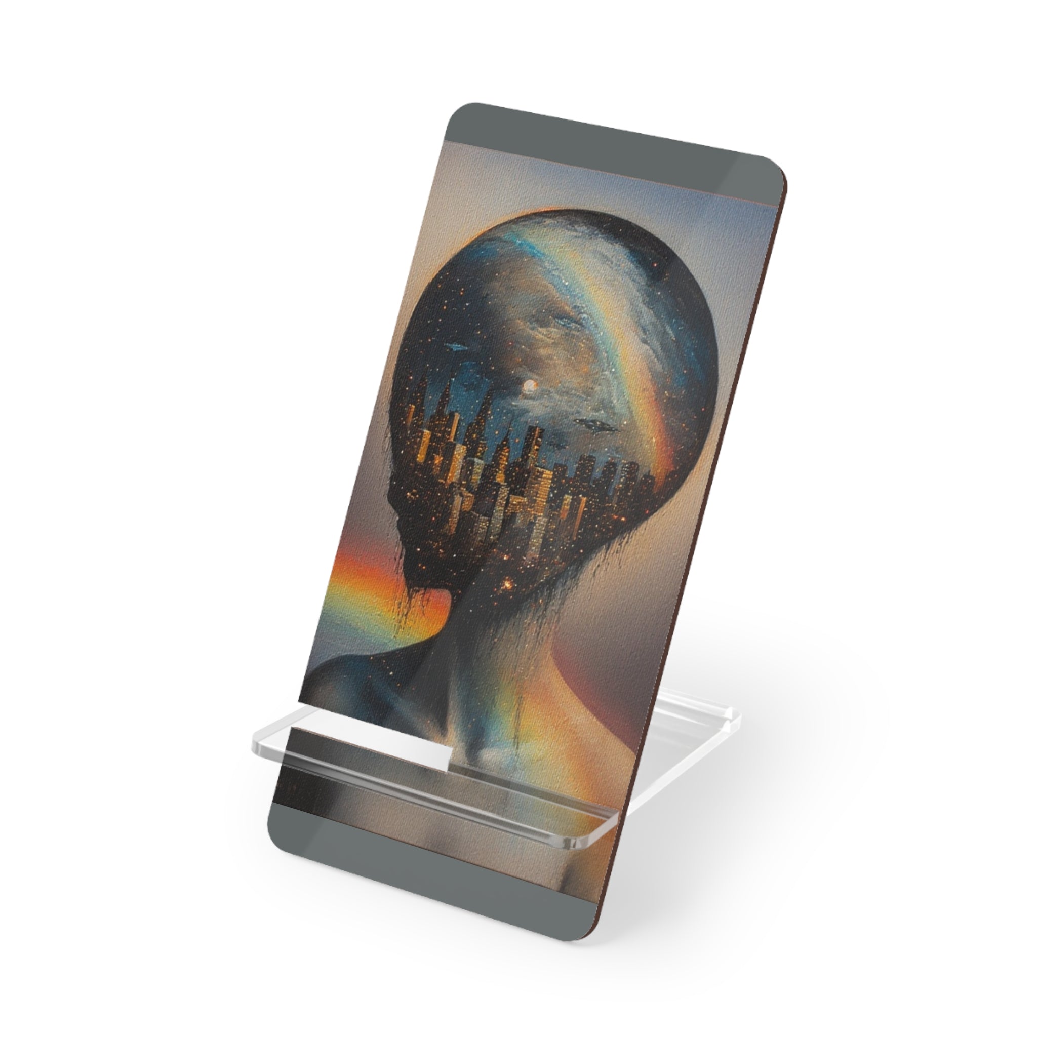 Mr. Infinity Surreal Cityscape Head Artwork Mobile Display Stand for Smartphones | Acrylic Phone Dock