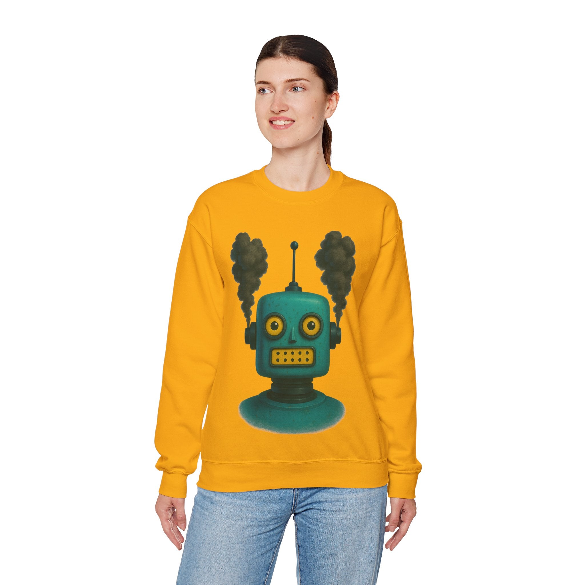 Smoking Robot Graphic Unisex Sweatshirt, Cozy Crewneck Top