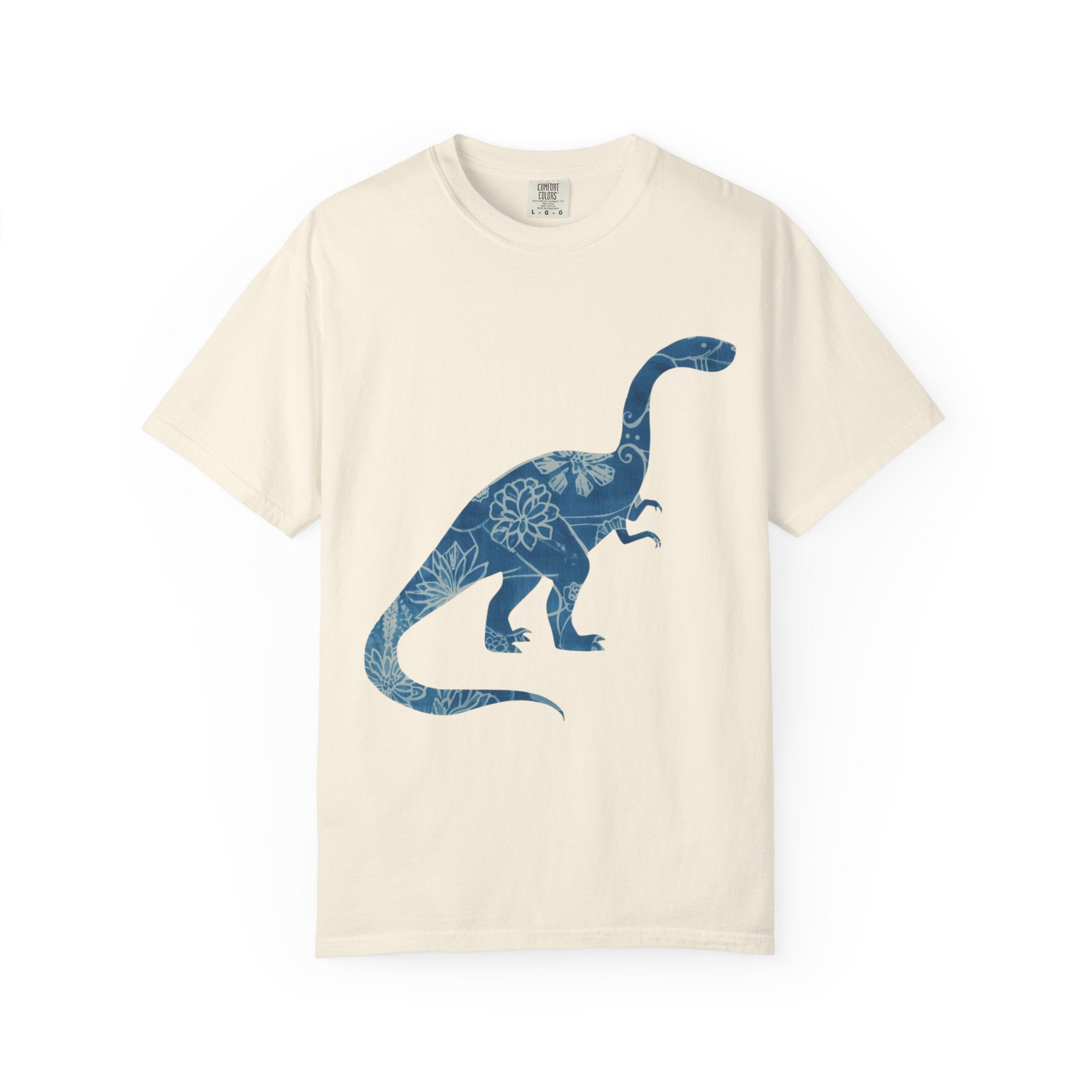 Dinosaur Floral blue chinoiserie Silhouette T-Shirt | Blue Botanical Dino Brontosaurus Tee