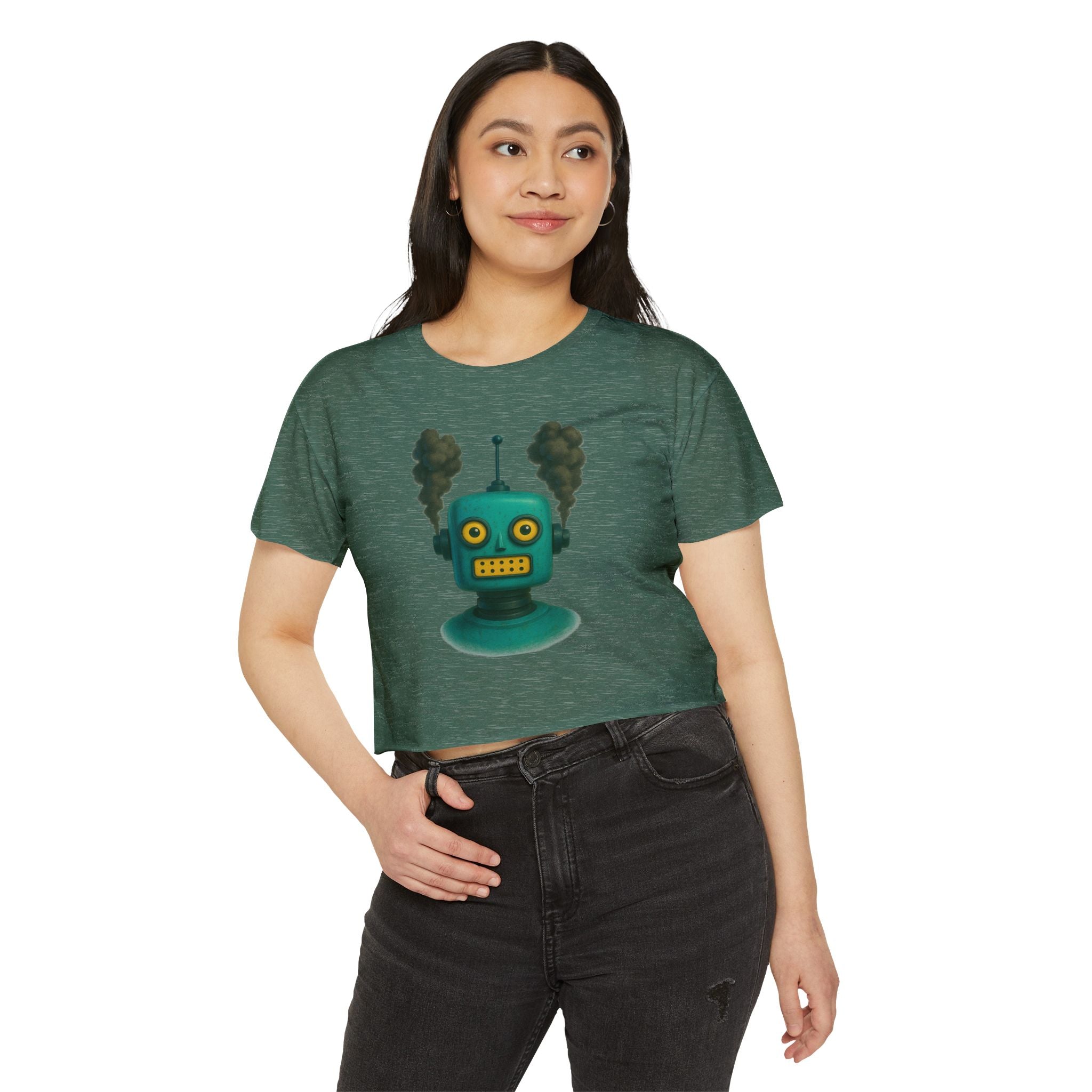 Green Retro Robot Head crop top | Steam-punk robot graphic
