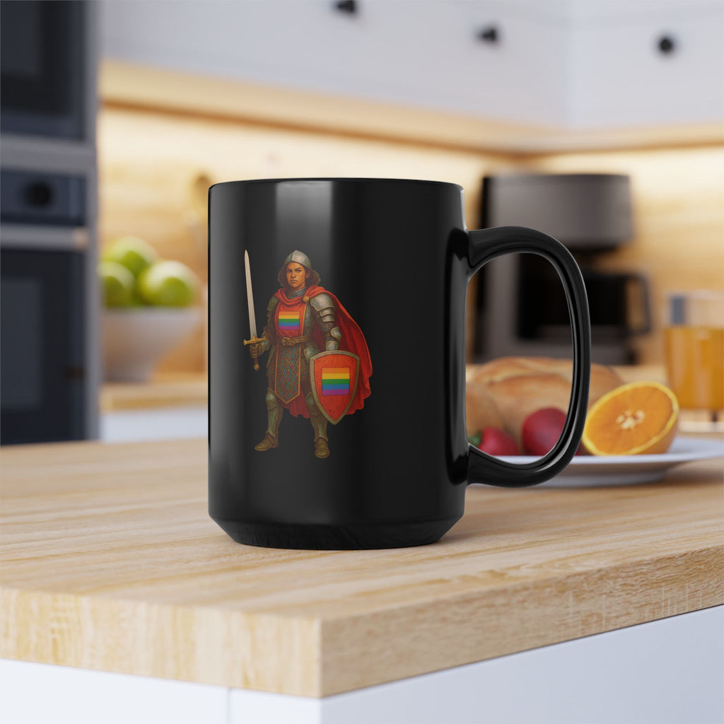 Rainbow Paladin Mug | Black Ceramic Mug with Pride Shield and Cape