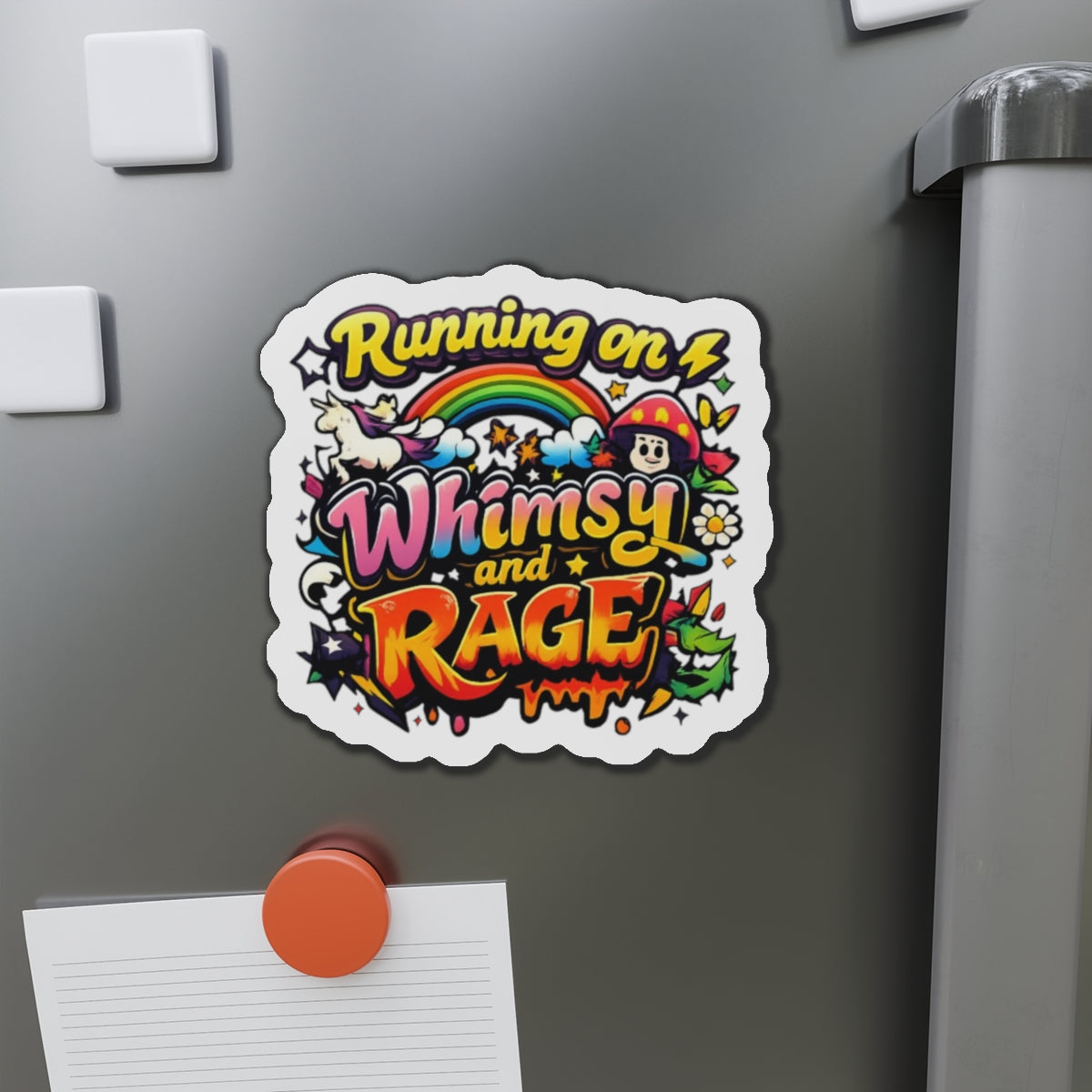 Running on Whimsy and Rage Die-Cut Magnets | Colorful Cartoon Sticker Magnet