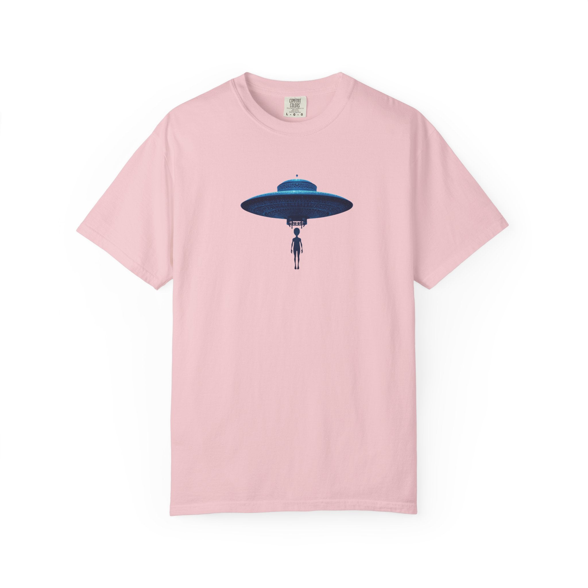 UFO Abduction T-shirt | Minimal Alien Spaceship blue chinoiserie Graphic