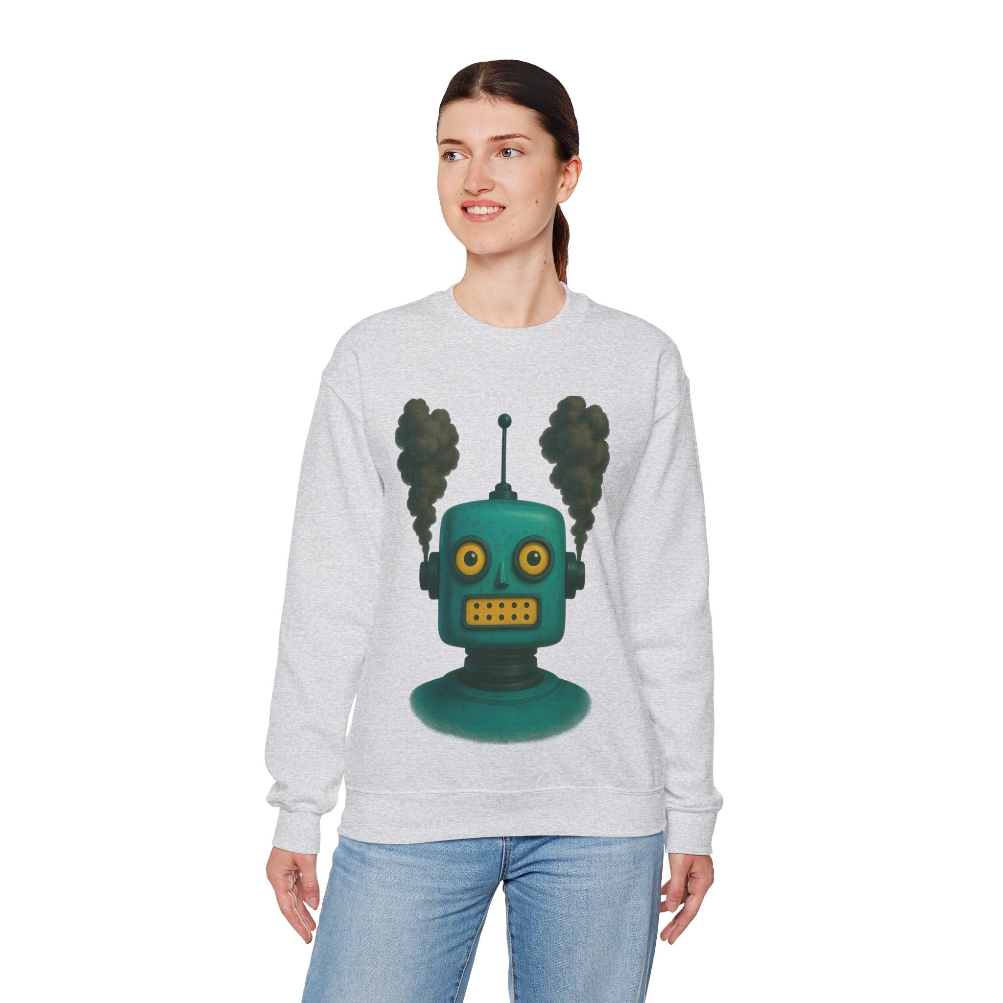 Smoking Robot Graphic Unisex Sweatshirt, Cozy Crewneck Top