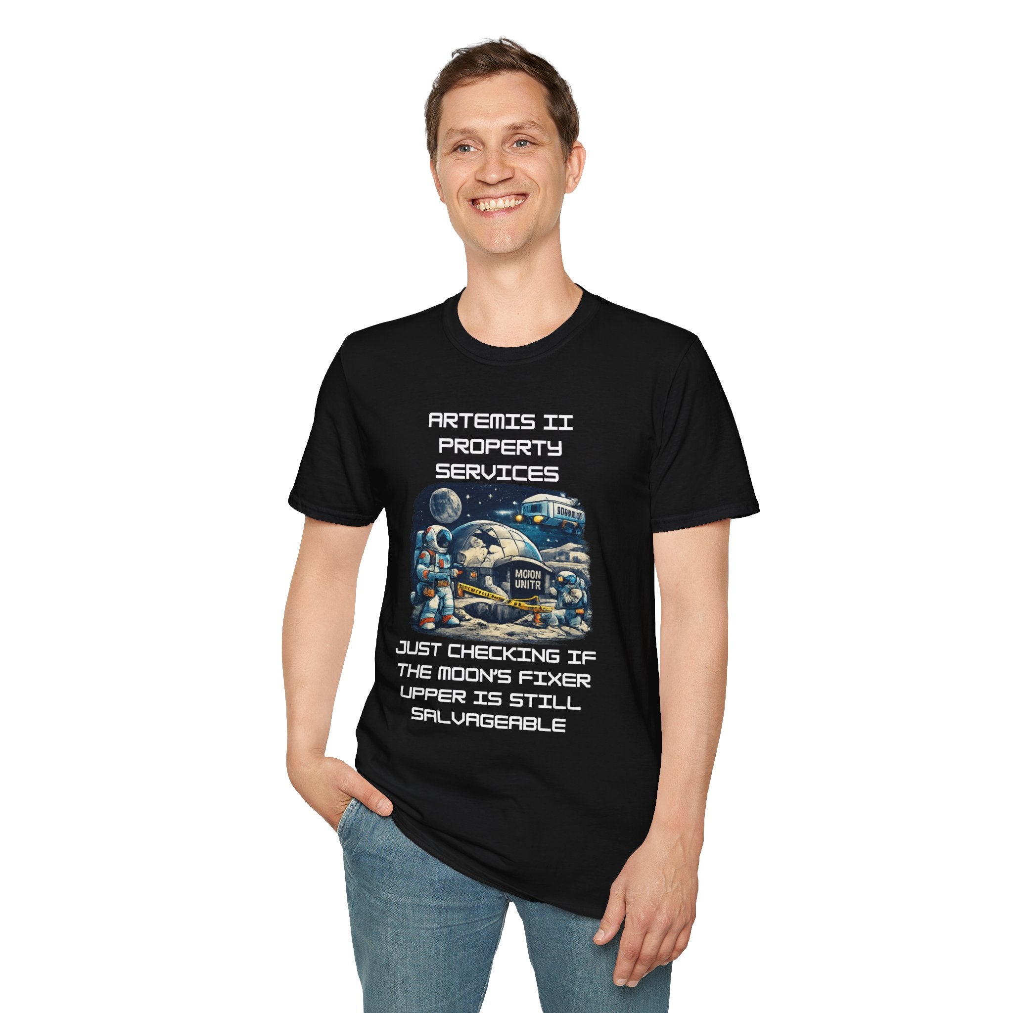 Moonbase Property Services T-Shirt — 'Artemis II Property Services' Space Repair Crew  funny Tee