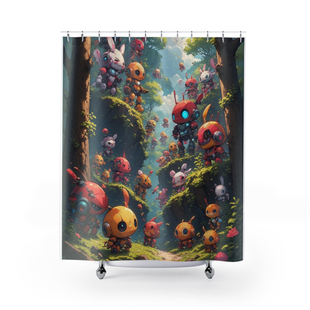 Happy Robot Forest Shower Curtain | Kawaii Robot Bunny Woodland Scene