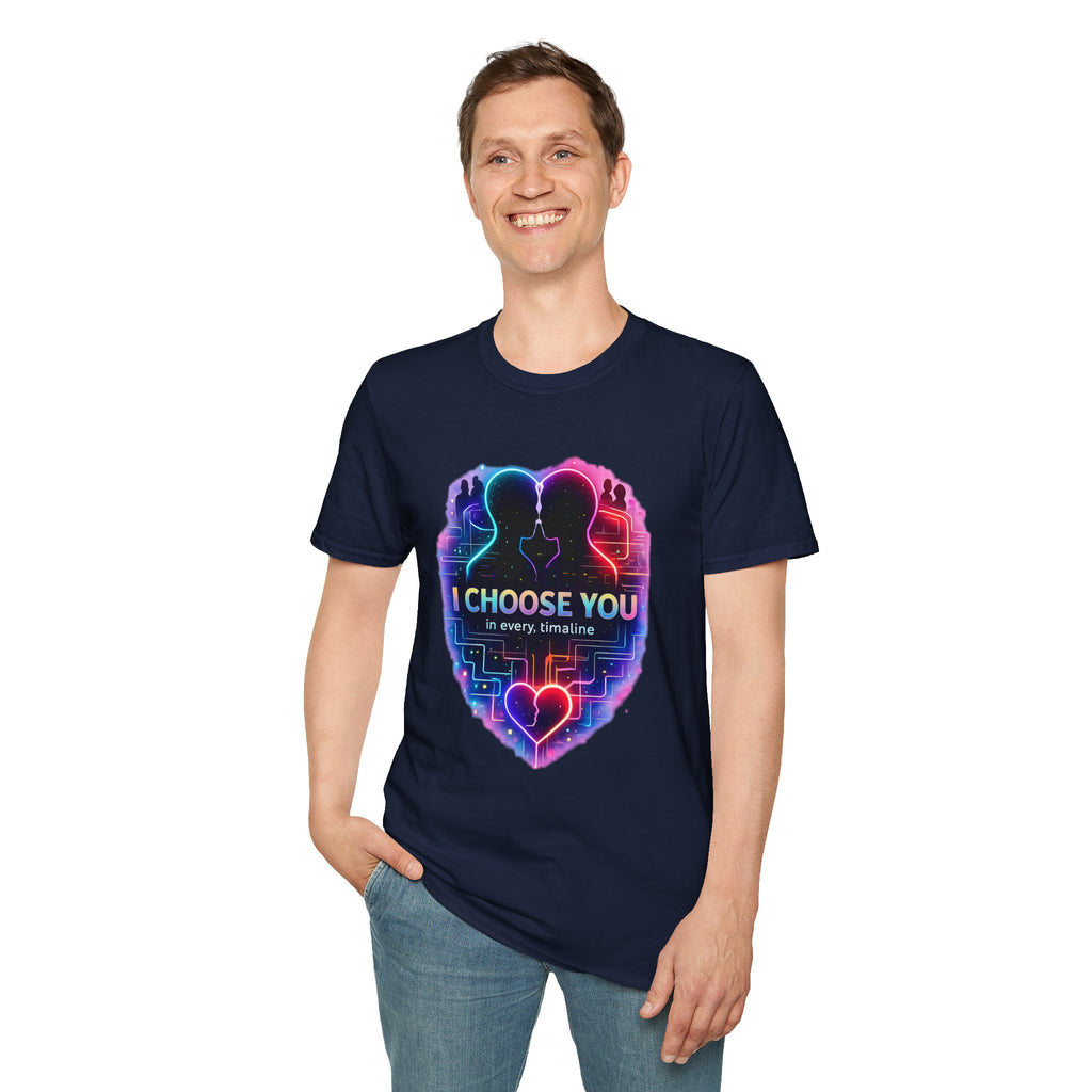 I Choose You  in Every Timeline silhouette heart T-Shirt | Neon LBGTQ couple, love phrase