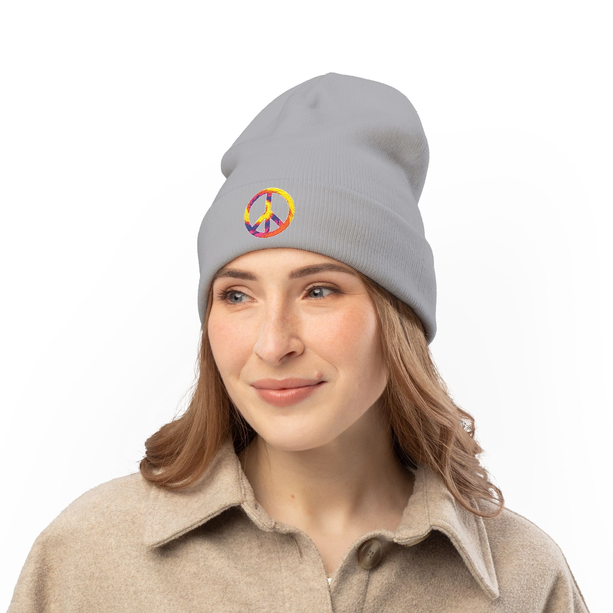Embroidered Tie-Dye Peace Sign Beanie