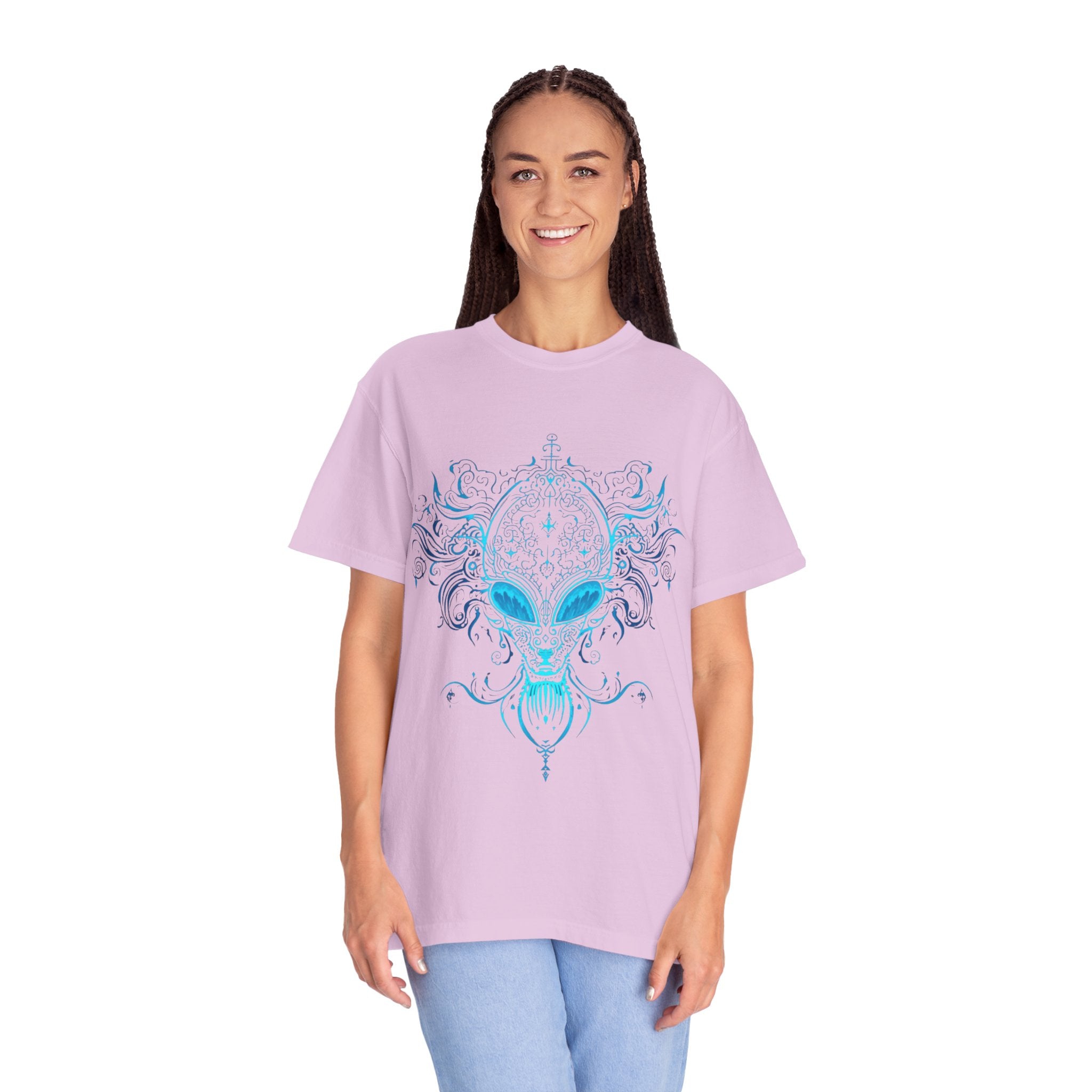 Alien Mask Ornate chinoiserie Blue T-Shirt | Mystical Alien Face Tee