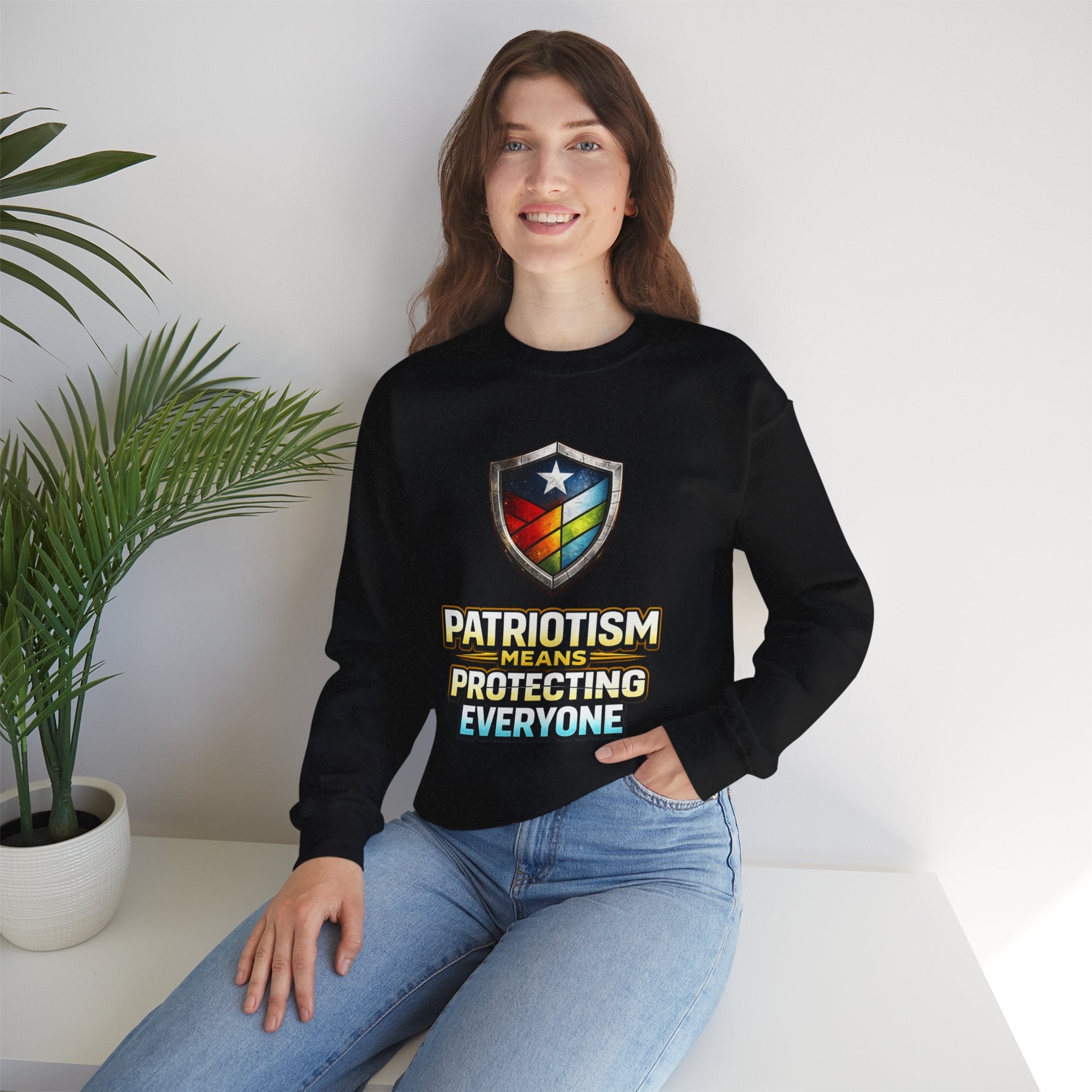 Patriotism Means Protecting Everyone Sweatshirt | Rainbow Shield Flag Design