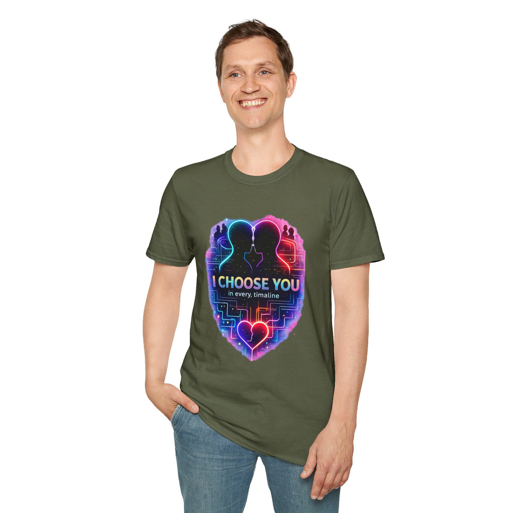 I Choose You  in Every Timeline silhouette heart T-Shirt | Neon LBGTQ couple, love phrase