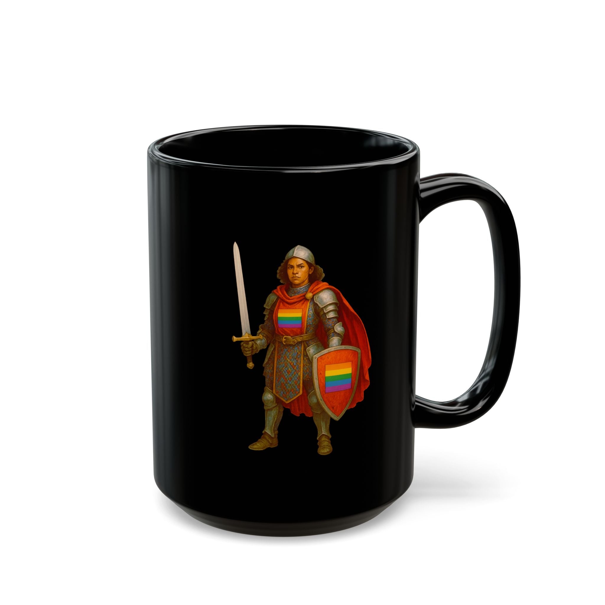 Rainbow Paladin Mug | Black Ceramic Mug with Pride Shield and Cape