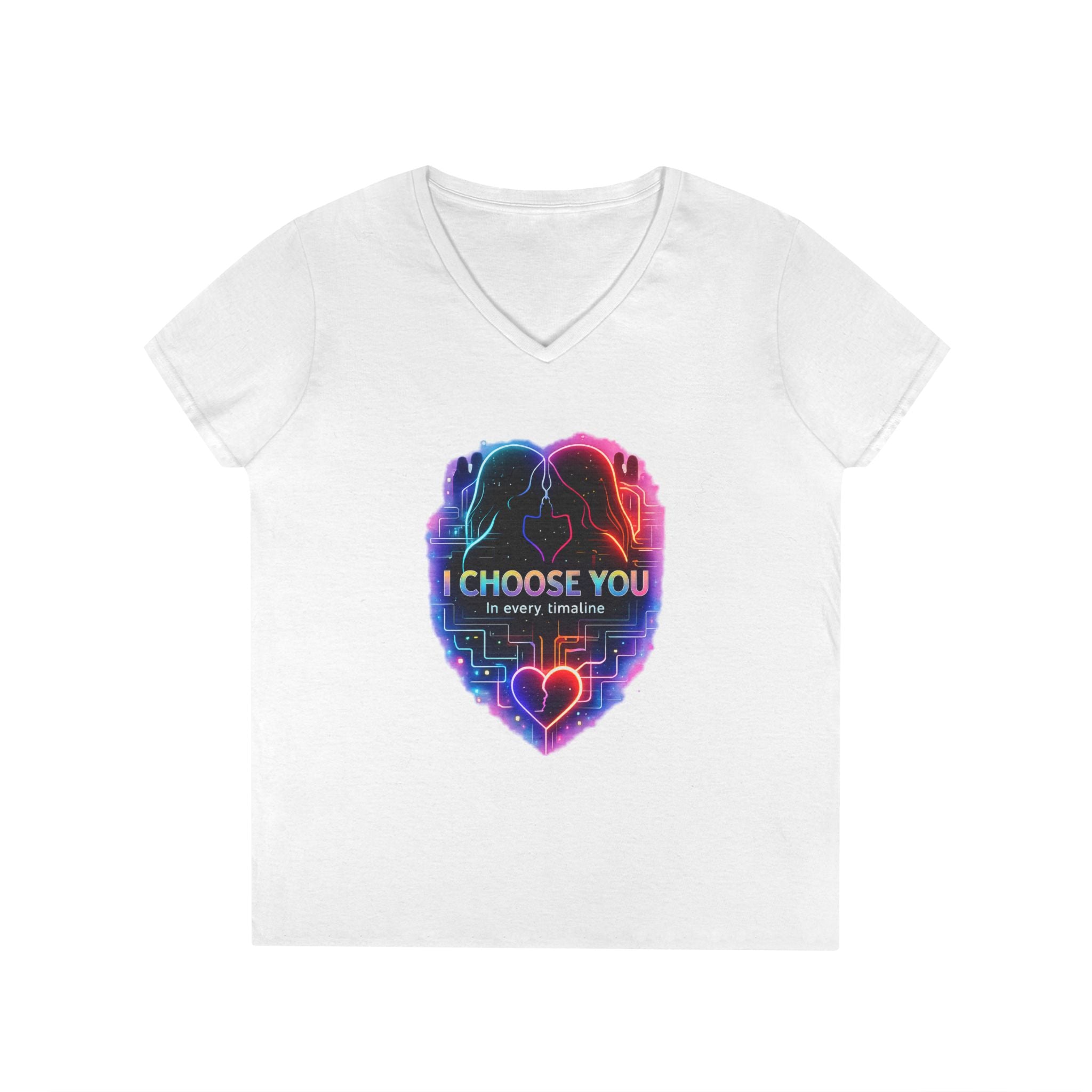 I Choose You in Every Timeline Heart Graphic Women's V-Neck T-Shirt | Neon Retro LGBTQ Love