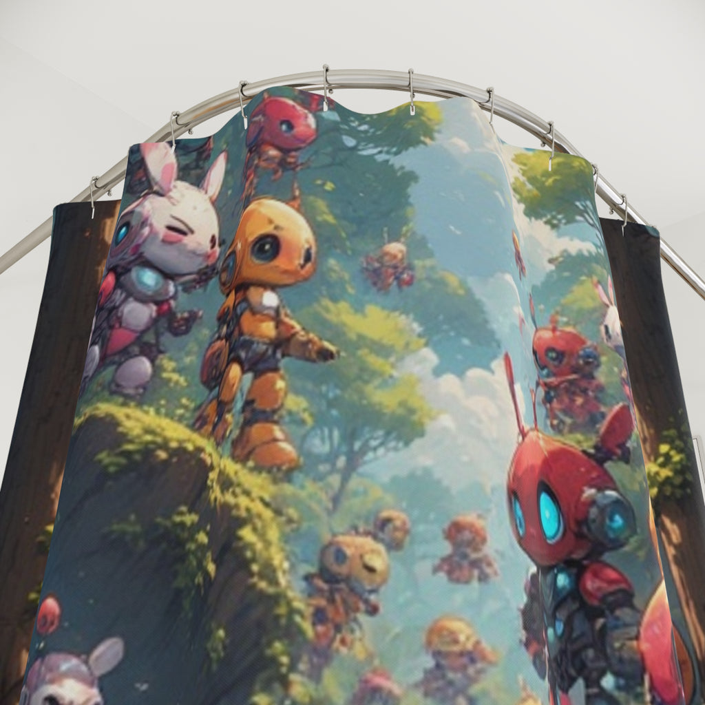 Happy Robot Forest Shower Curtain | Kawaii Robot Bunny Woodland Scene