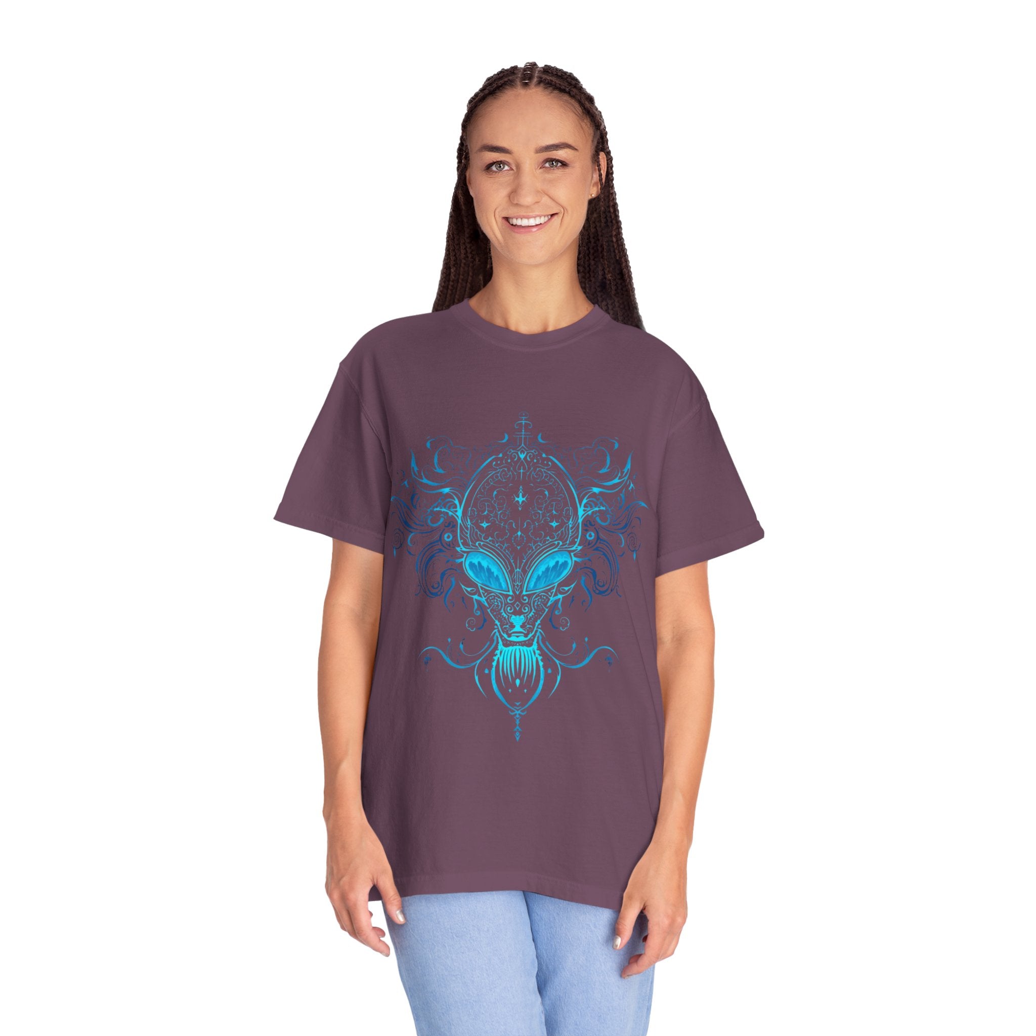 Alien Mask Ornate chinoiserie Blue T-Shirt | Mystical Alien Face Tee