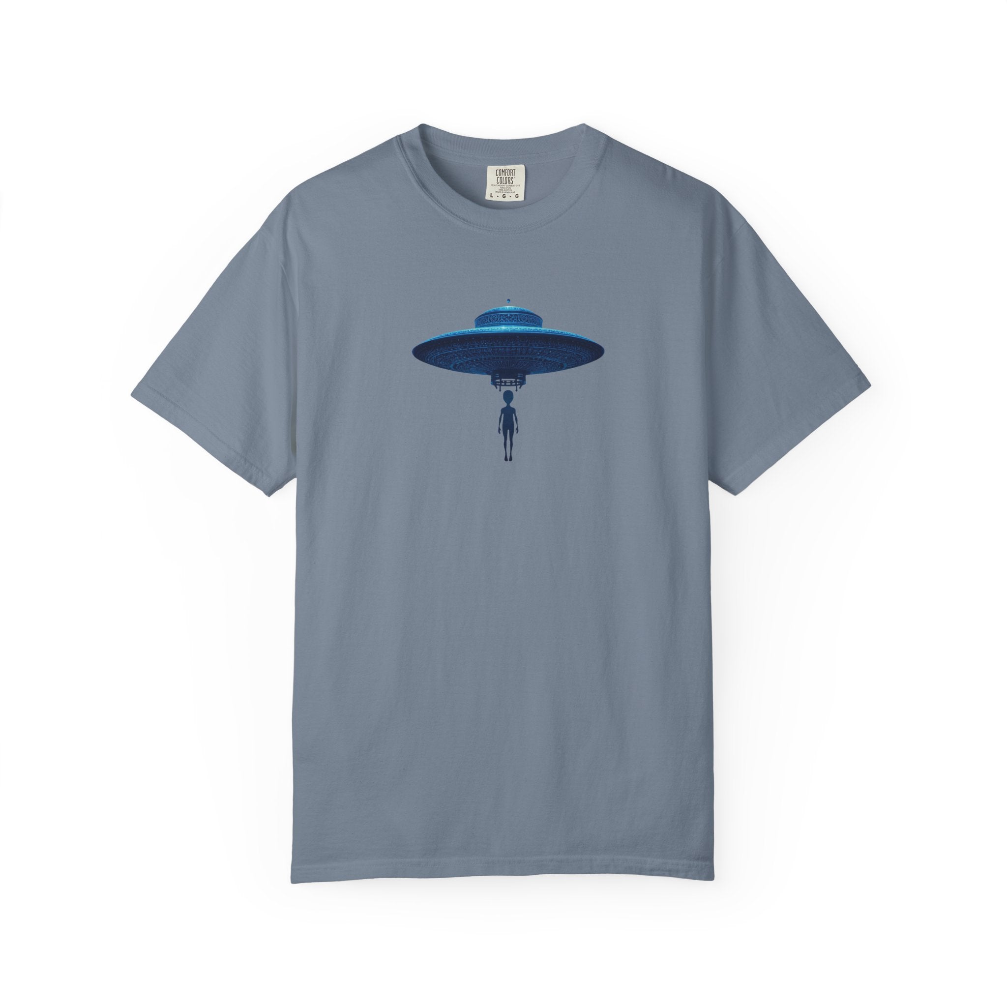 UFO Abduction T-shirt | Minimal Alien Spaceship blue chinoiserie Graphic