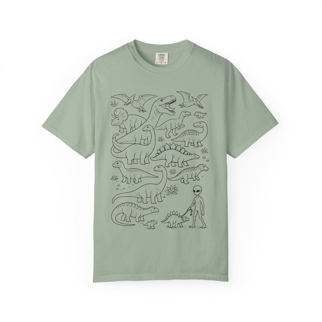 Alien & Dinosaur funny Line Art T-Shirt