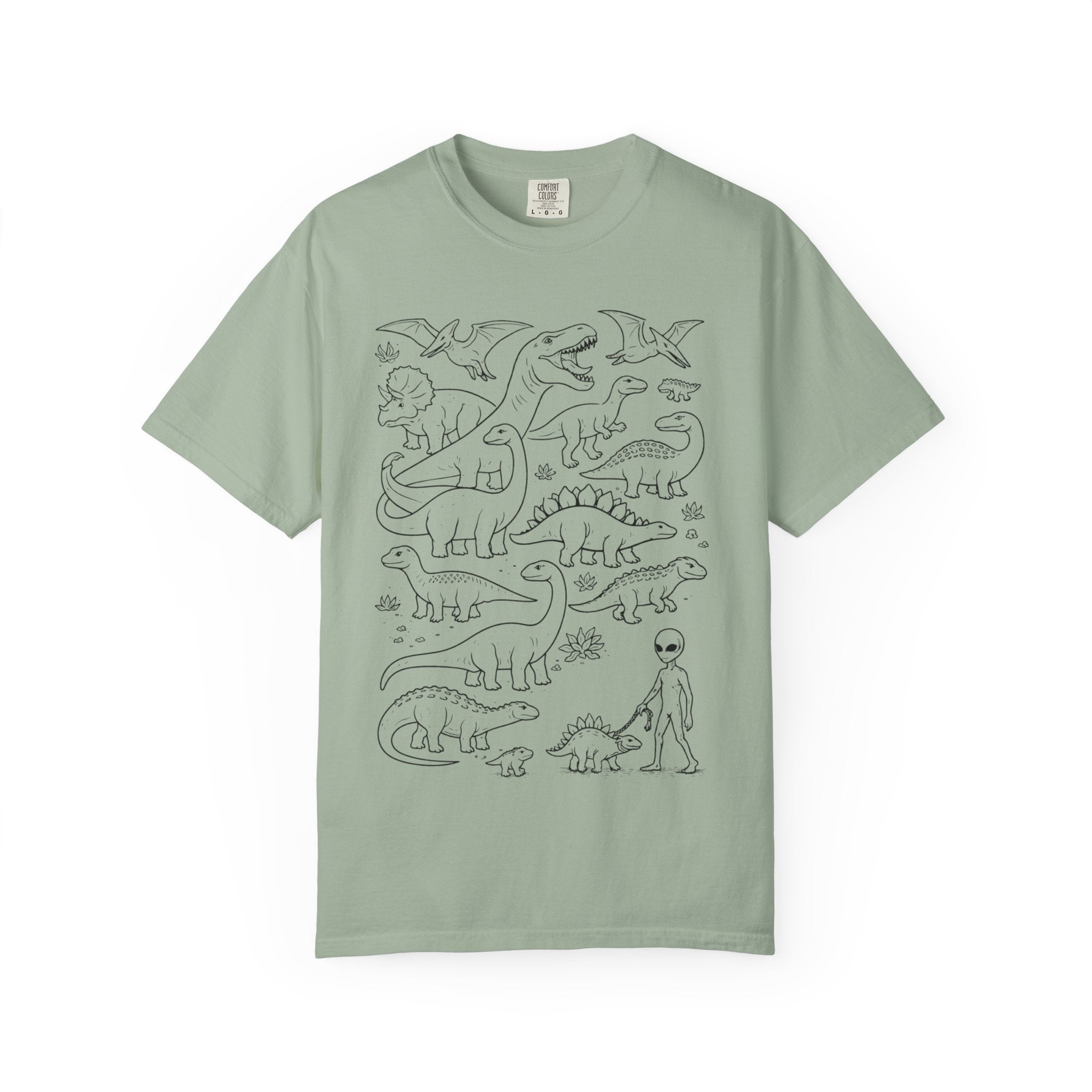 Alien & Dinosaur funny Line Art T-Shirt