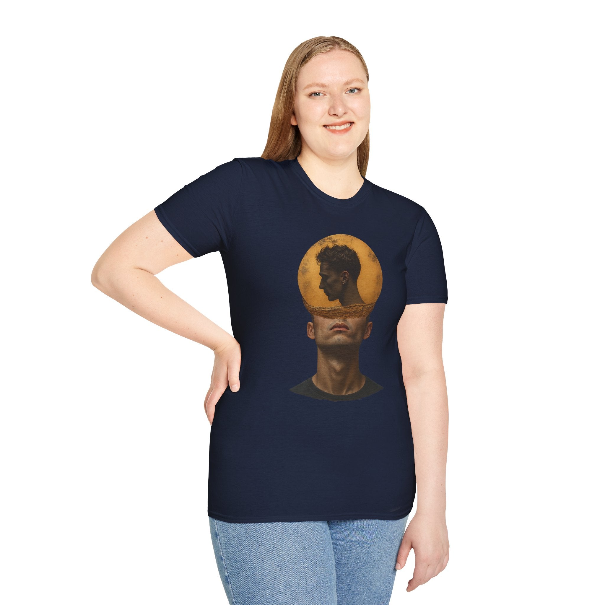 Surreal Double Portrait T-Shirt | Abstract Head Silhouette, Moon Circle