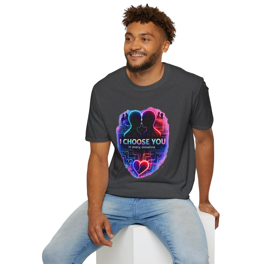I Choose You  in Every Timeline silhouette heart T-Shirt | Neon LBGTQ couple, love phrase