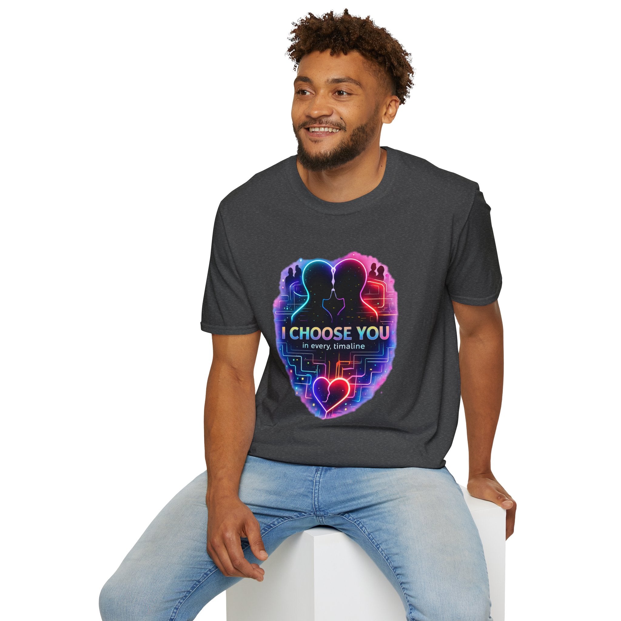 I Choose You  in Every Timeline silhouette heart T-Shirt | Neon LBGTQ couple, love phrase