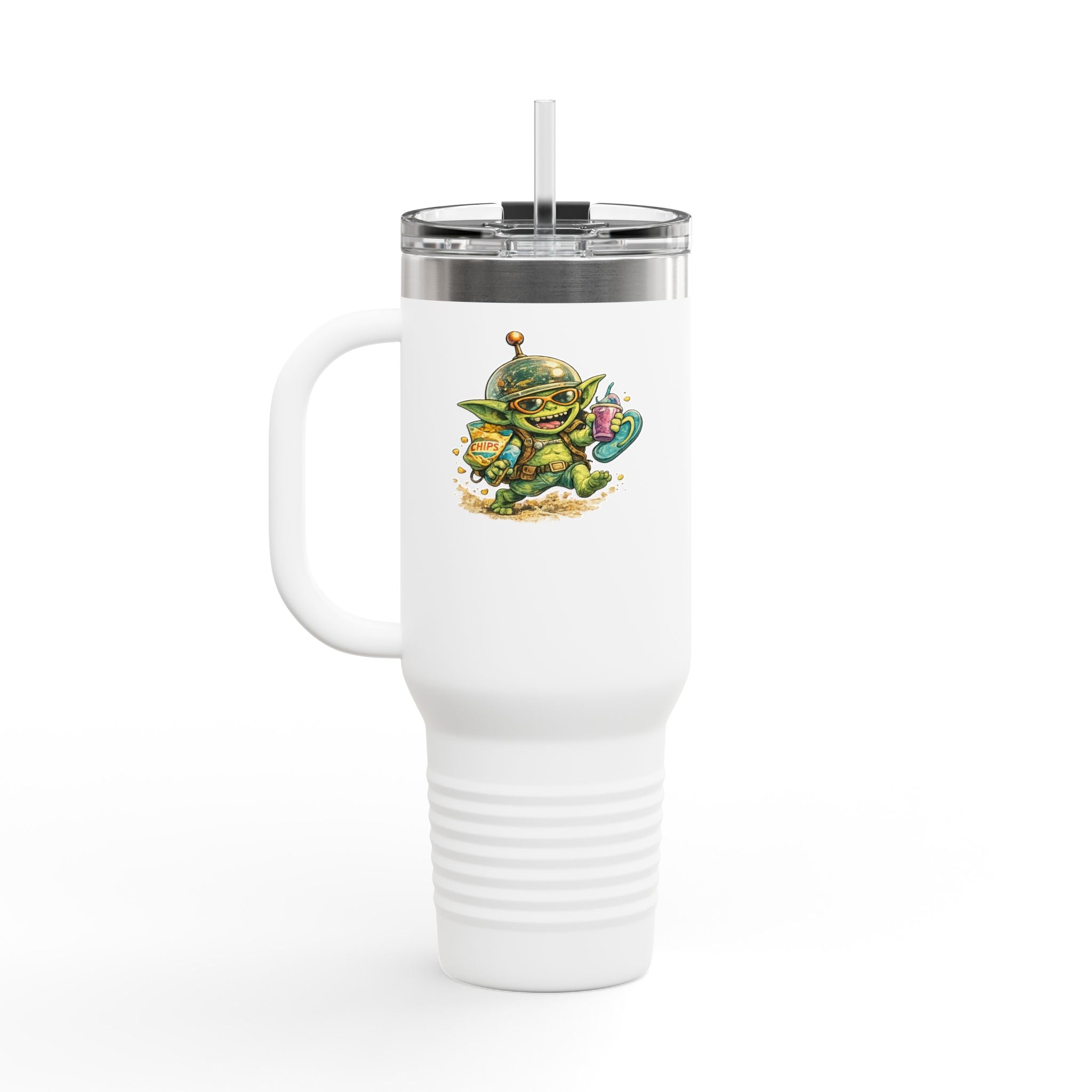 40oz Insulated Travel Mug — Cute Alien Beach Cartoon Tumbler with Handle