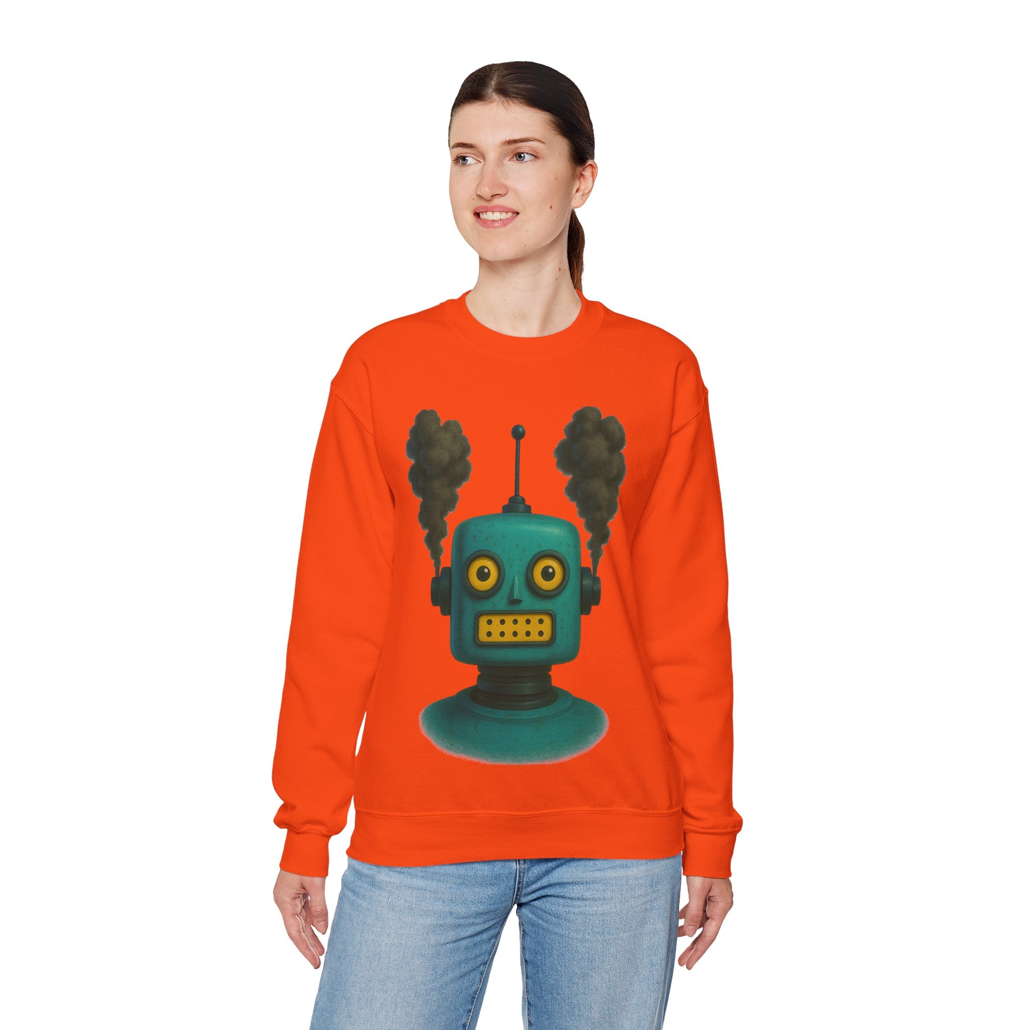 Smoking Robot Graphic Unisex Sweatshirt, Cozy Crewneck Top