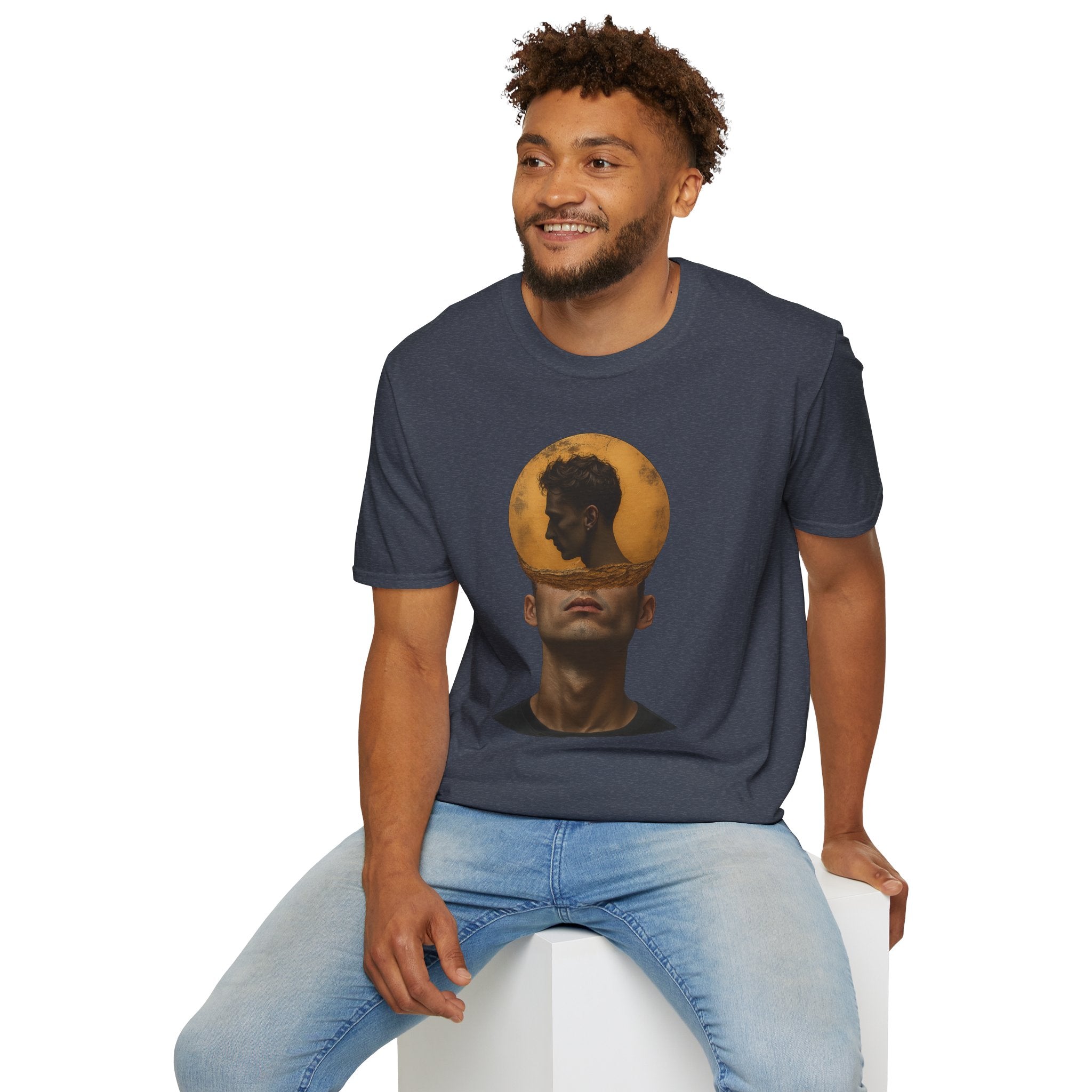 Surreal Double Portrait T-Shirt | Abstract Head Silhouette, Moon Circle