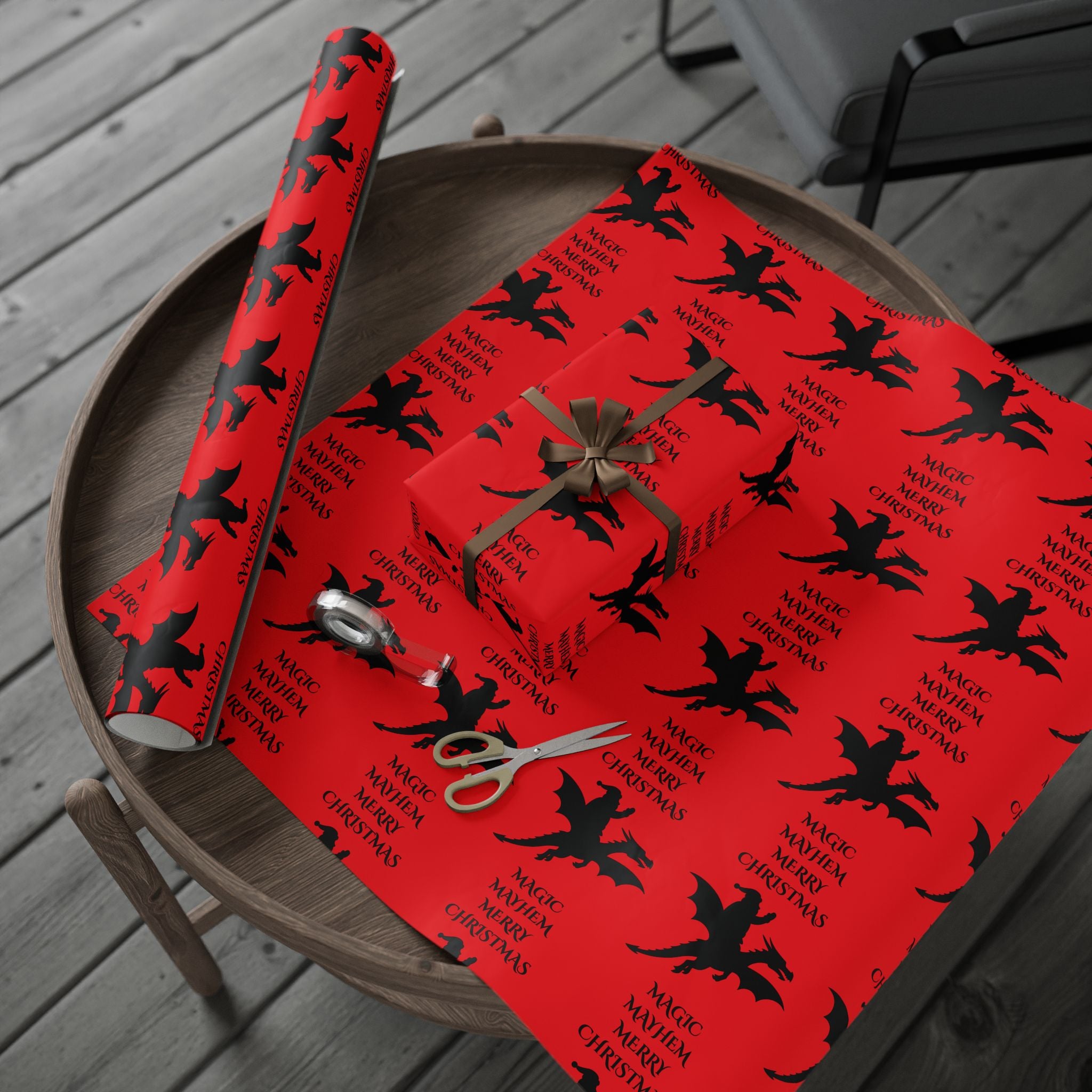Santa Dragon Magic Mayhem Merry Christmas Wrapping Paper | Halloween Red and Black Santa on a Dragon Print