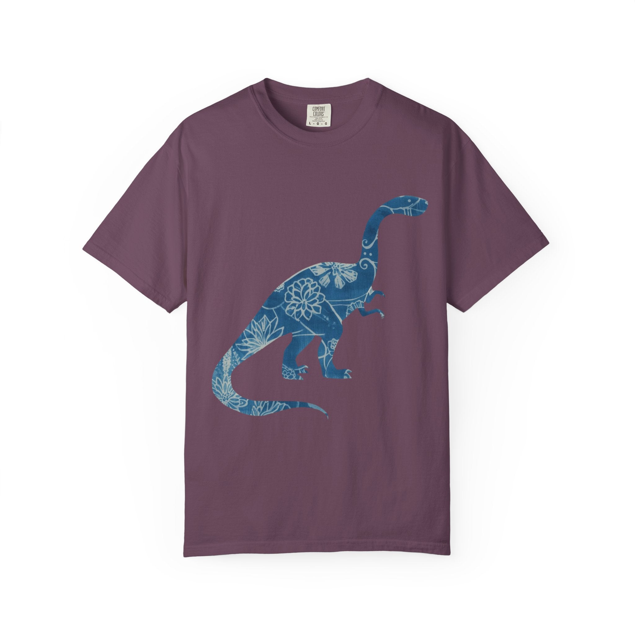 Dinosaur Floral blue chinoiserie Silhouette T-Shirt | Blue Botanical Dino Brontosaurus Tee