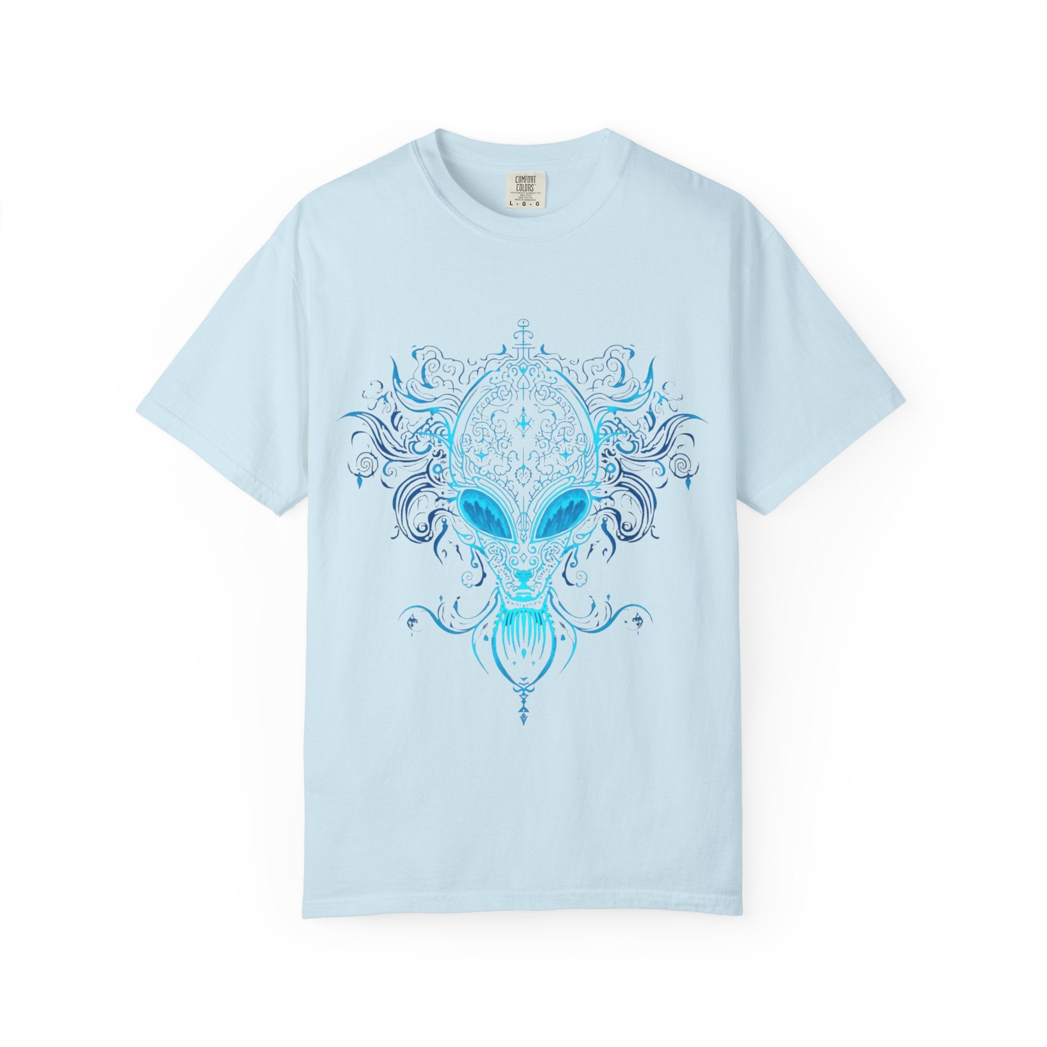 Alien Mask Ornate chinoiserie Blue T-Shirt | Mystical Alien Face Tee