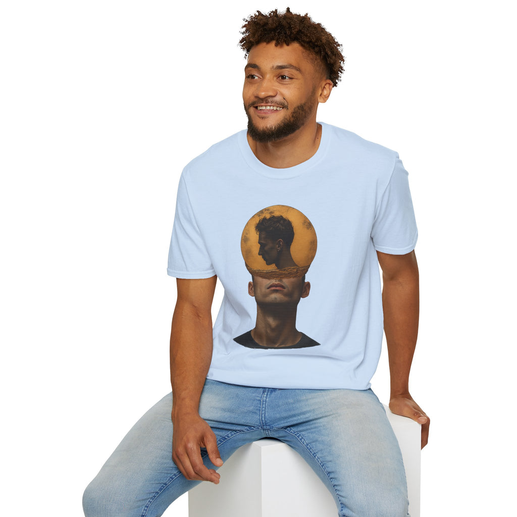Surreal Double Portrait T-Shirt | Abstract Head Silhouette, Moon Circle