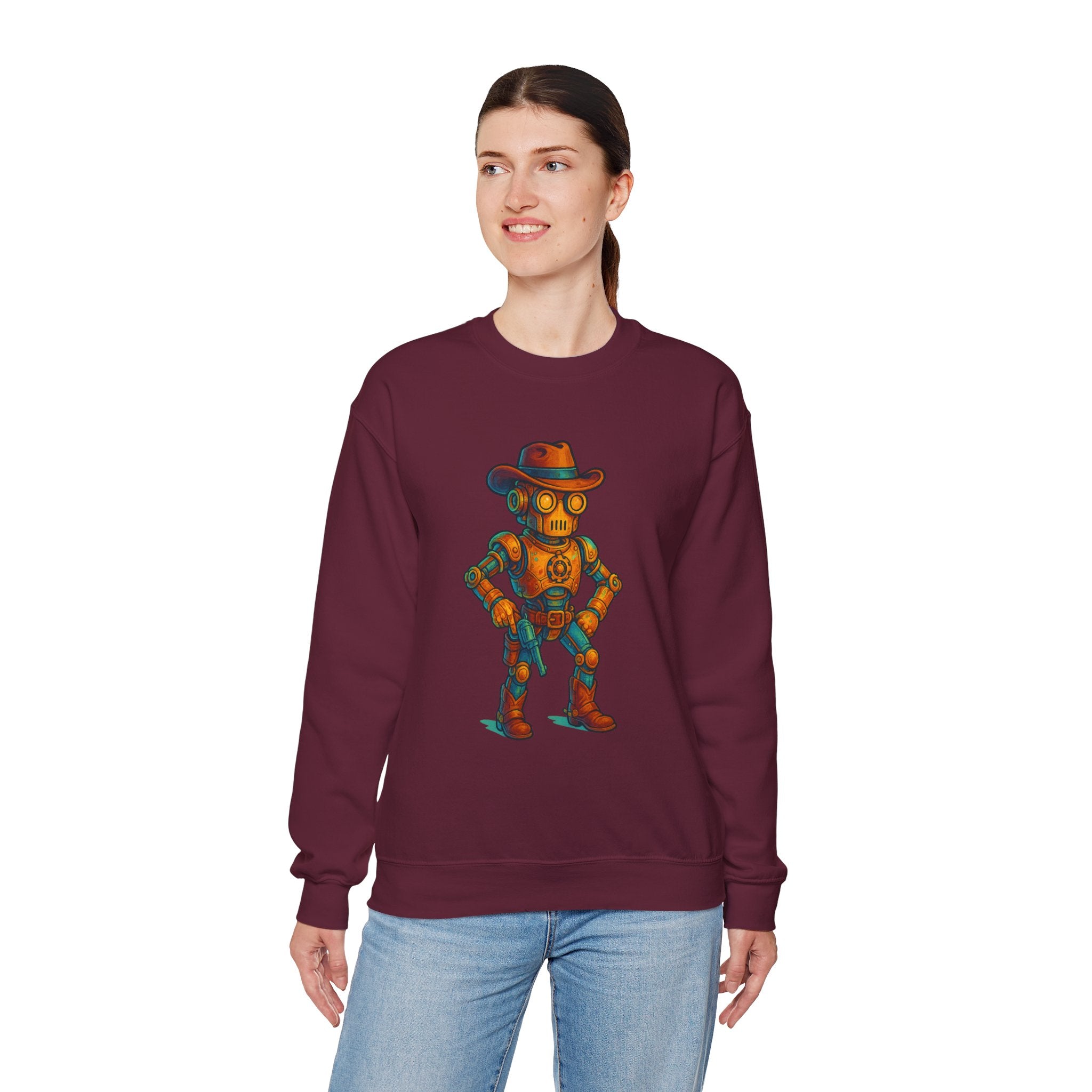 Steampunk Cowboy Robot Crewneck Sweatshirt | Retro Western Robot Artwork