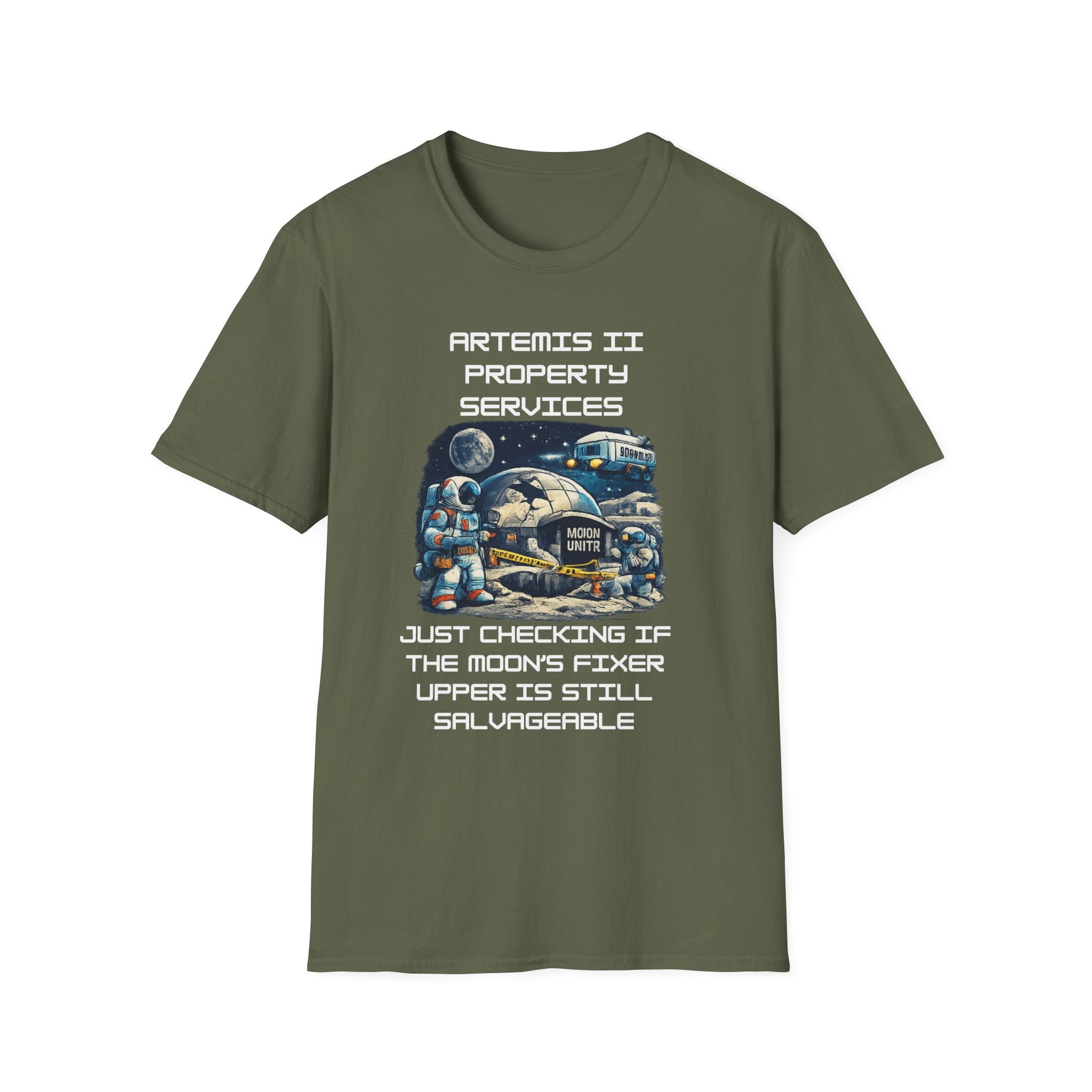 Moonbase Property Services T-Shirt — 'Artemis II Property Services' Space Repair Crew  funny Tee
